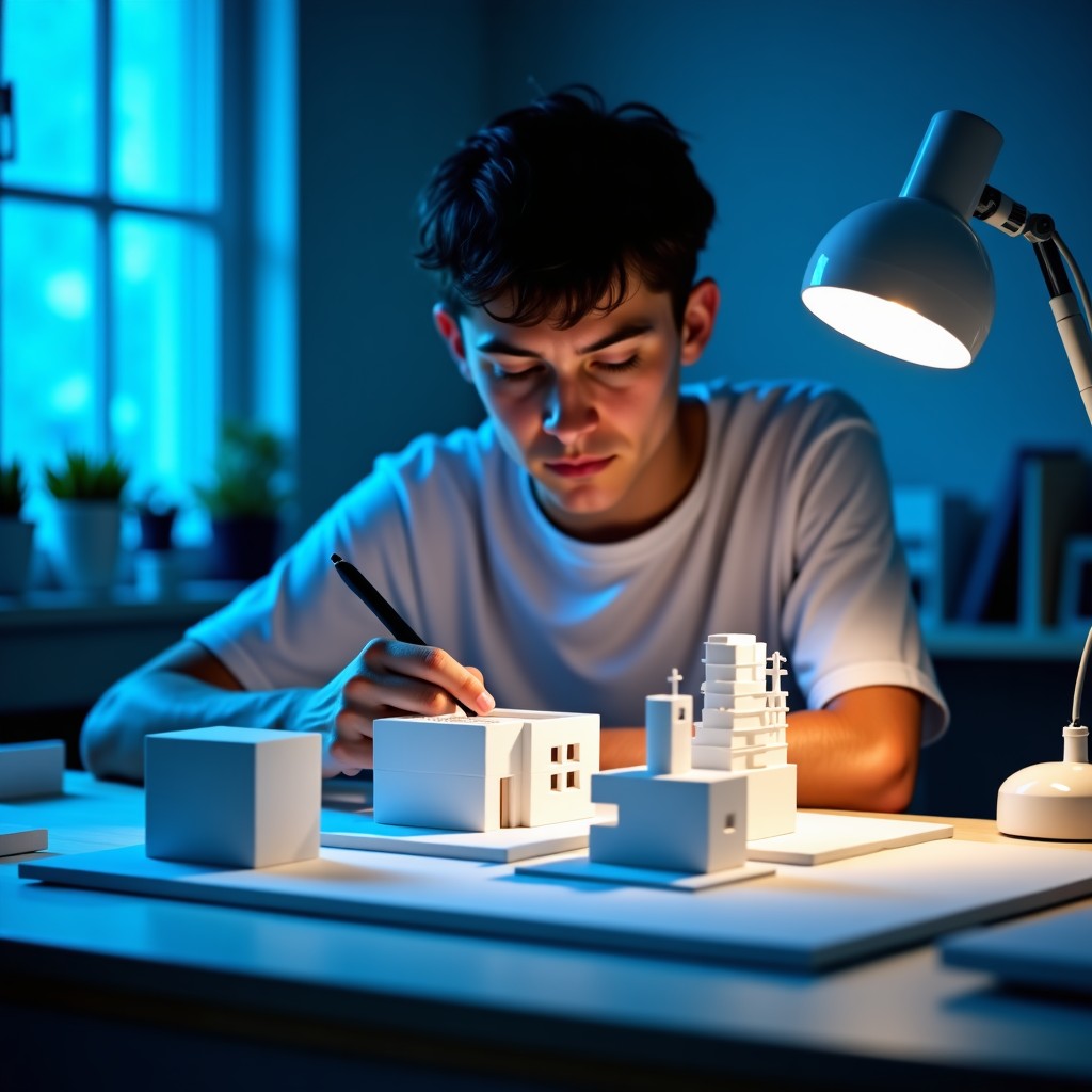 A young architectural student working intensely on a complex white physical model in a studio at night. Blue hour light from the window, desk lamp illuminating the intricate details of the miniature building. Realistic and detailed composition. 4:3