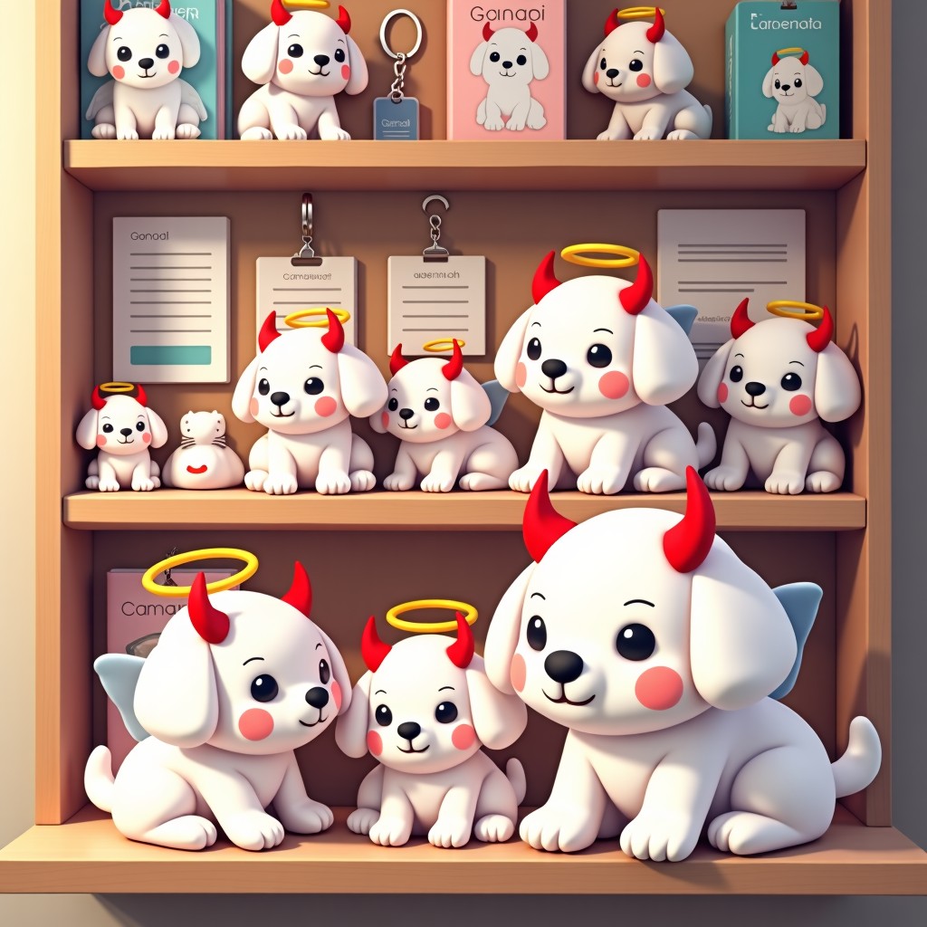 A display of various Ganadi goods including plush toys of a white puppy wearing angel wings and devil horns. Keyrings, stationery, and cute accessories are arranged on a wooden shelf in a bright boutique. No text. 4:3