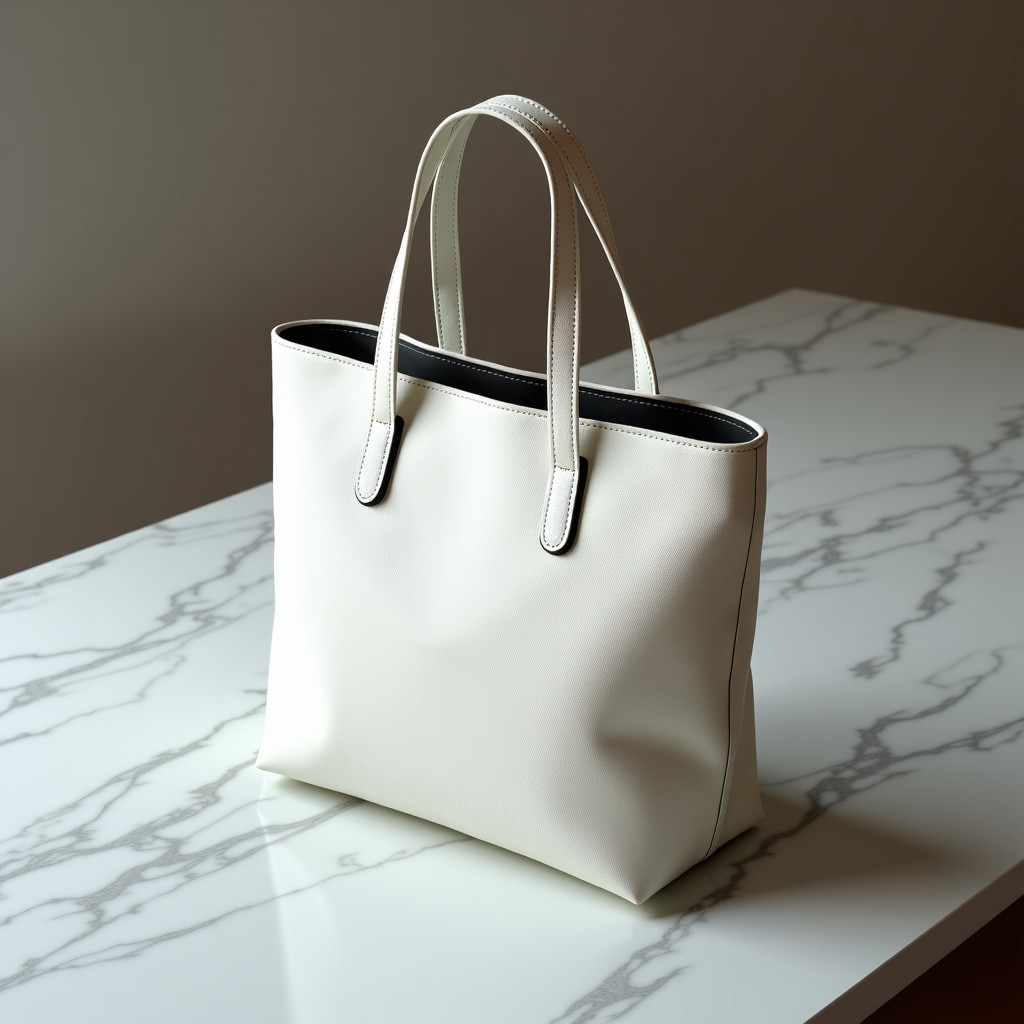 A high-angle shot of a white leather tote bag on a marble table. Sophisticated composition, professional studio lighting, 1:1