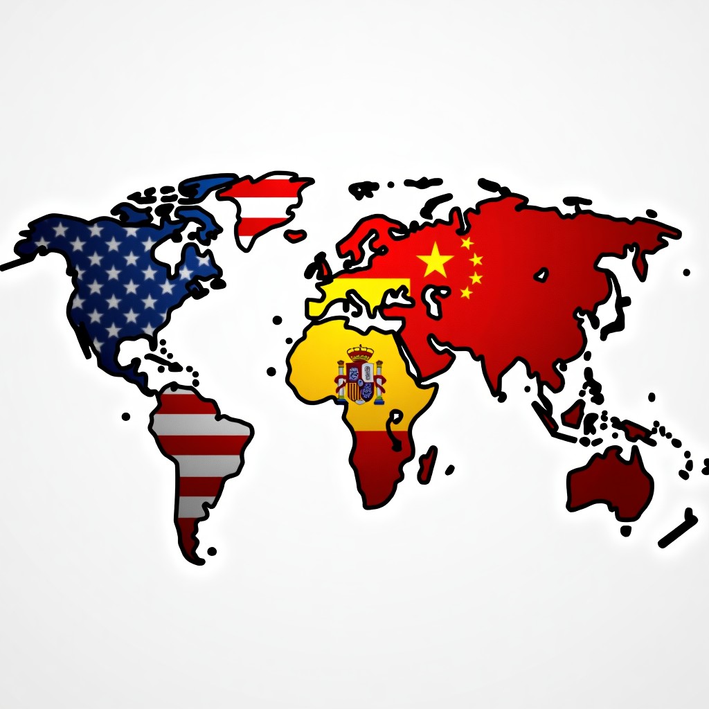 A creative collage of various national flags including USA China Spain and India integrated with digital communication icons and world map textures bright and balanced lighting. 1:1