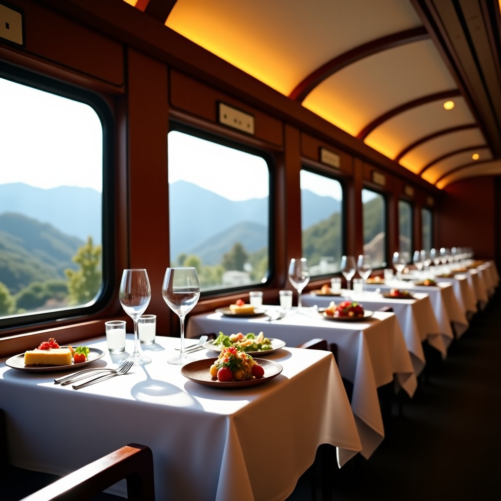 A high-end dining car inside a luxury train, tables set with gourmet Korean food and wine, elegant atmosphere, panoramic windows with mountain views, 4:3