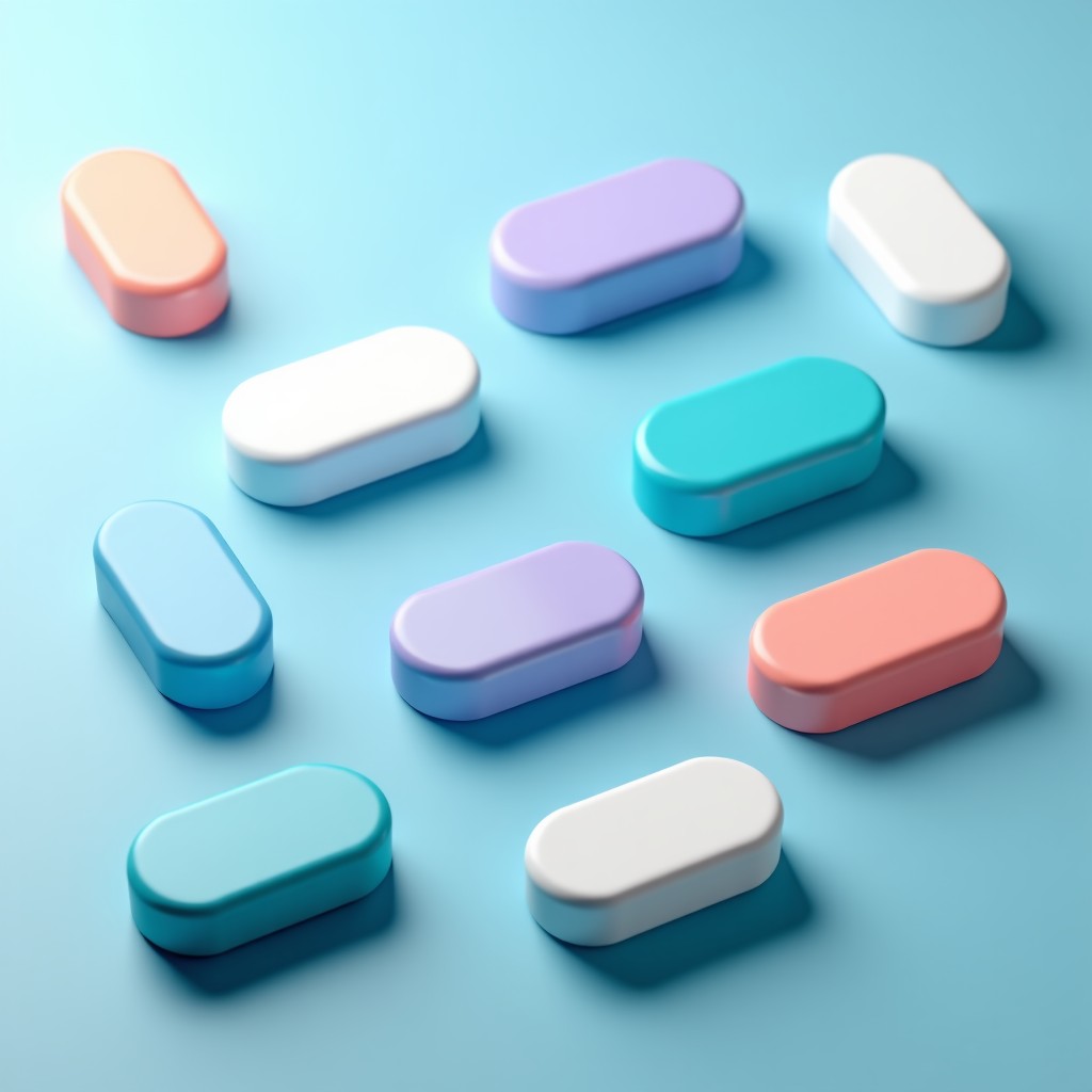 Modern layout of various colorful contact lens boxes arranged neatly on a pastel blue background, high contrast, clean and professional look, no text, 4:3