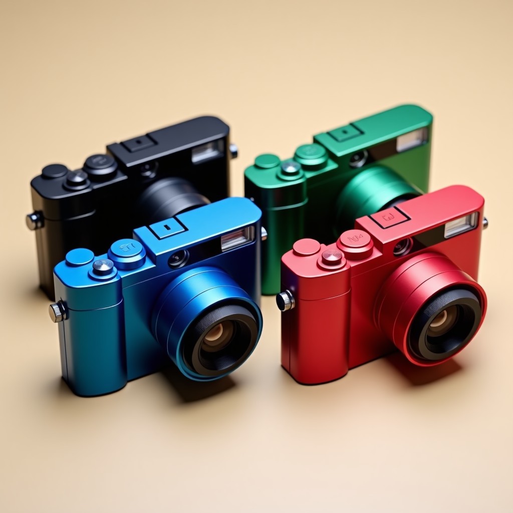 Four units of a stylish mirrorless camera displayed in different colors black blue green and red. The cameras are arranged neatly on a neutral background. 1:1
