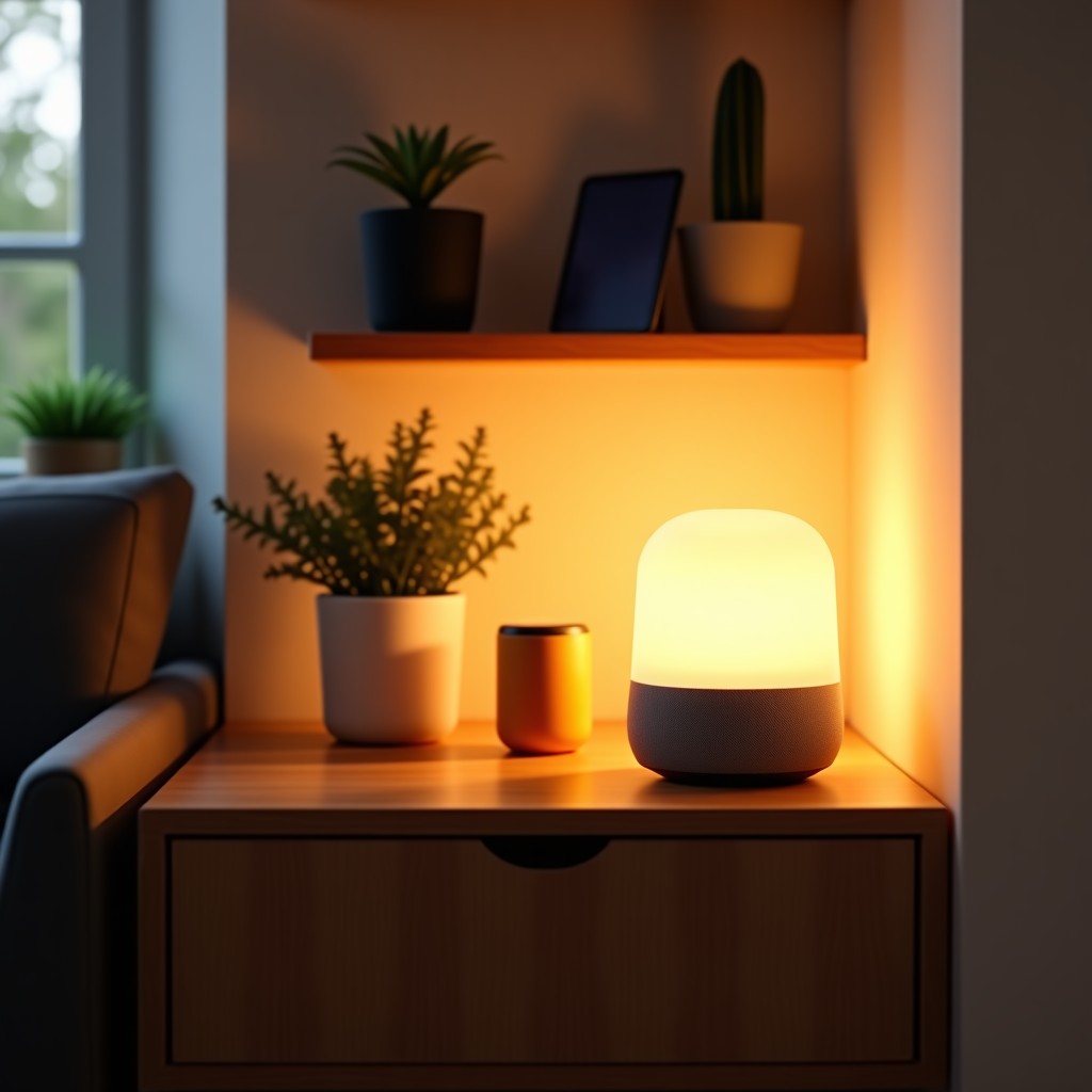 A cozy and warm interior of a smart home with various IoT devices and a smart speaker on a shelf, interior design photography, 1:1
