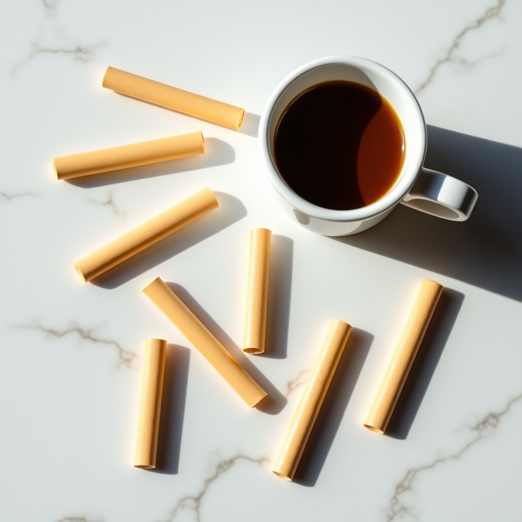 Various small skincare cream samples and several sticks of instant decaf coffee arranged neatly on a white marble surface. Soft natural lighting, clean and aesthetic composition, 1:1