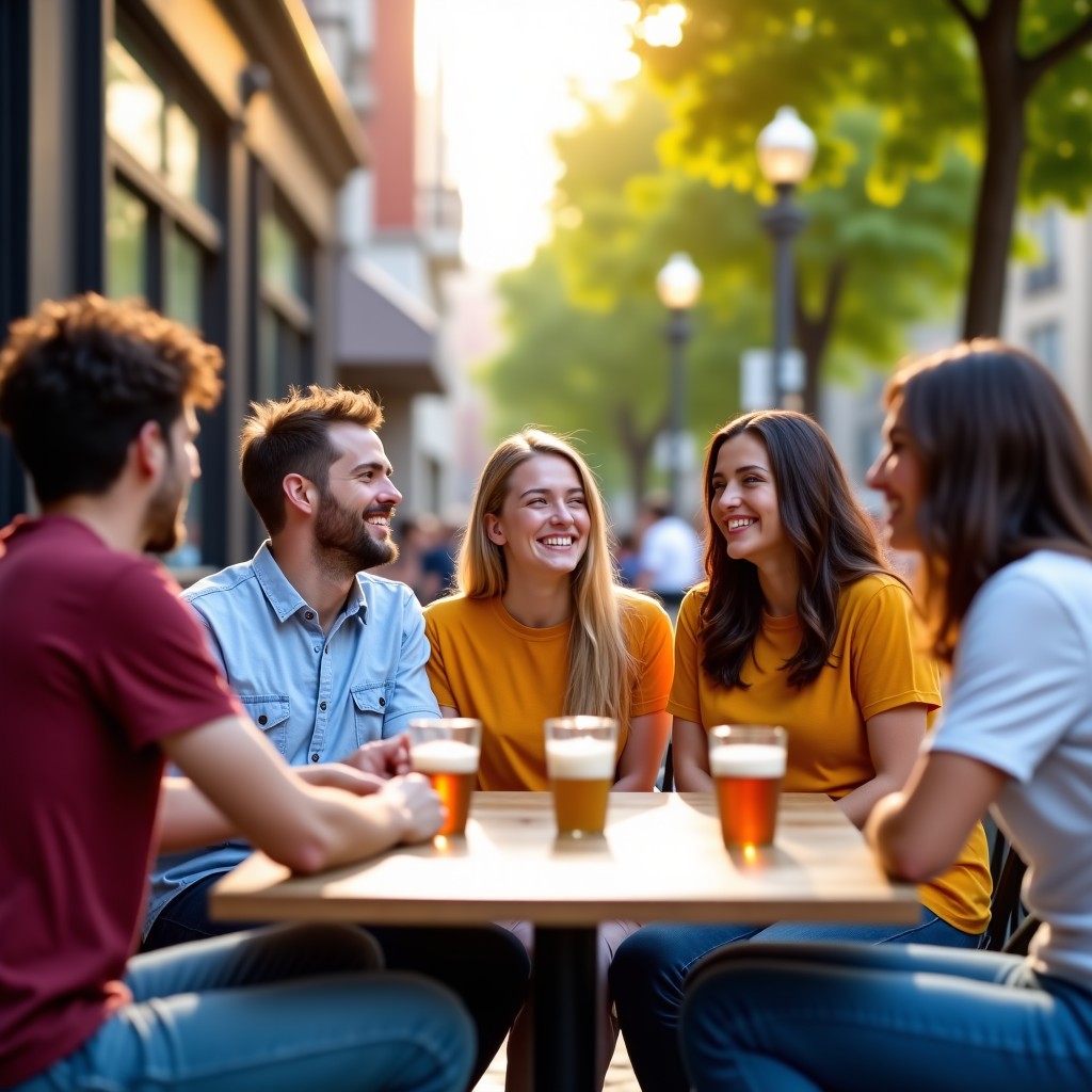 A lifestyle photography of a diverse group of young adults sitting in a sunlit outdoor cafe. They are laughing and talking, wearing various styles of clothing that express their individuality. Natural urban background, vibrant colors, shallow depth of field, high quality. 1:1
