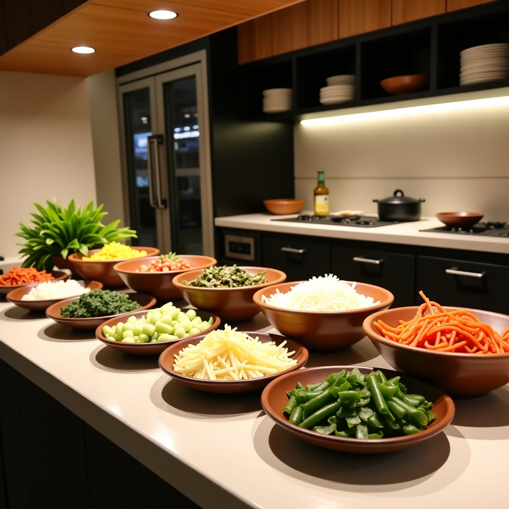 A clean and organized buffet section with various fresh vegetables, noodles, and toppings for making customized Mara-tang. High-quality interior with stone textures, 4:3