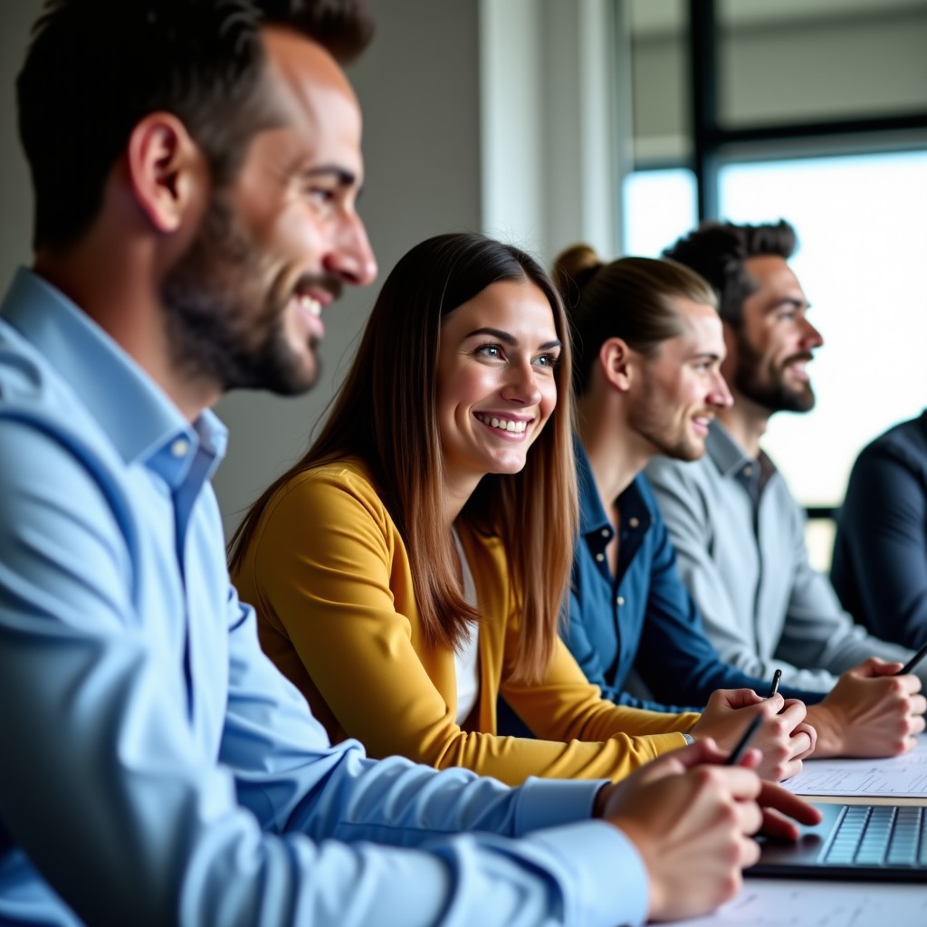 A diverse group of male and female professionals in a modern creative office setting, collaborating effectively, focus on shared ideas and leadership, high-quality corporate photography, 4:3