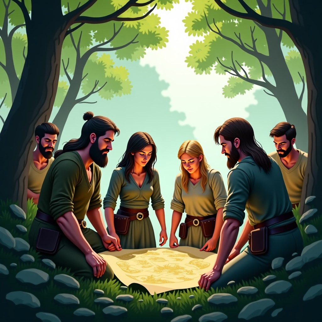 A group of diverse fantasy adventurers including humans and elves looking at a map in a lush forest, natural daylight, realistic cinematic scene, high detail, 1:1