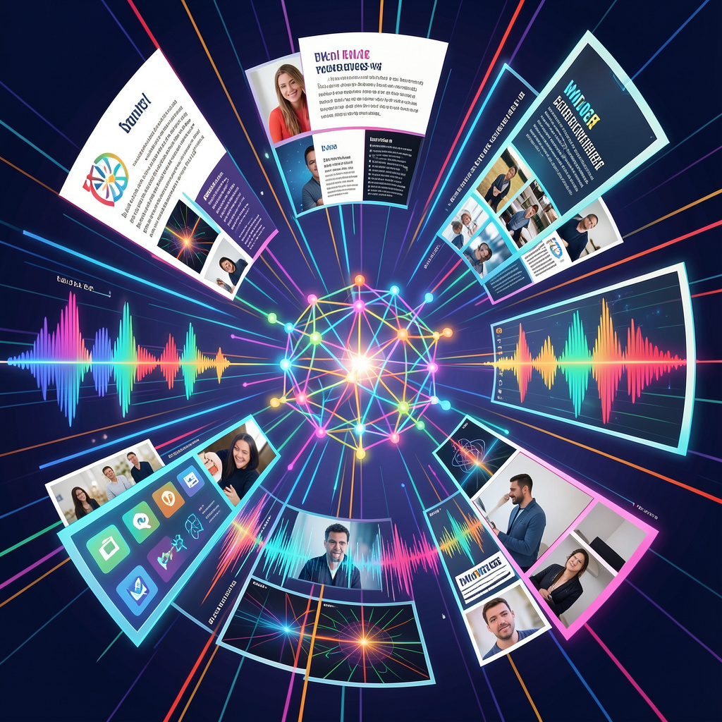 A dynamic illustration showing text, images, audio waves, and video frames converging into a central neural network. The artwork uses a modern and colorful style with a 1:1 aspect ratio.