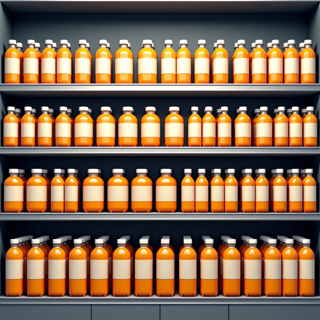 A supermarket shelf filled with various premium non-alcoholic drinks, modern packaging design, clean and organized display, bright lighting, 1:1.