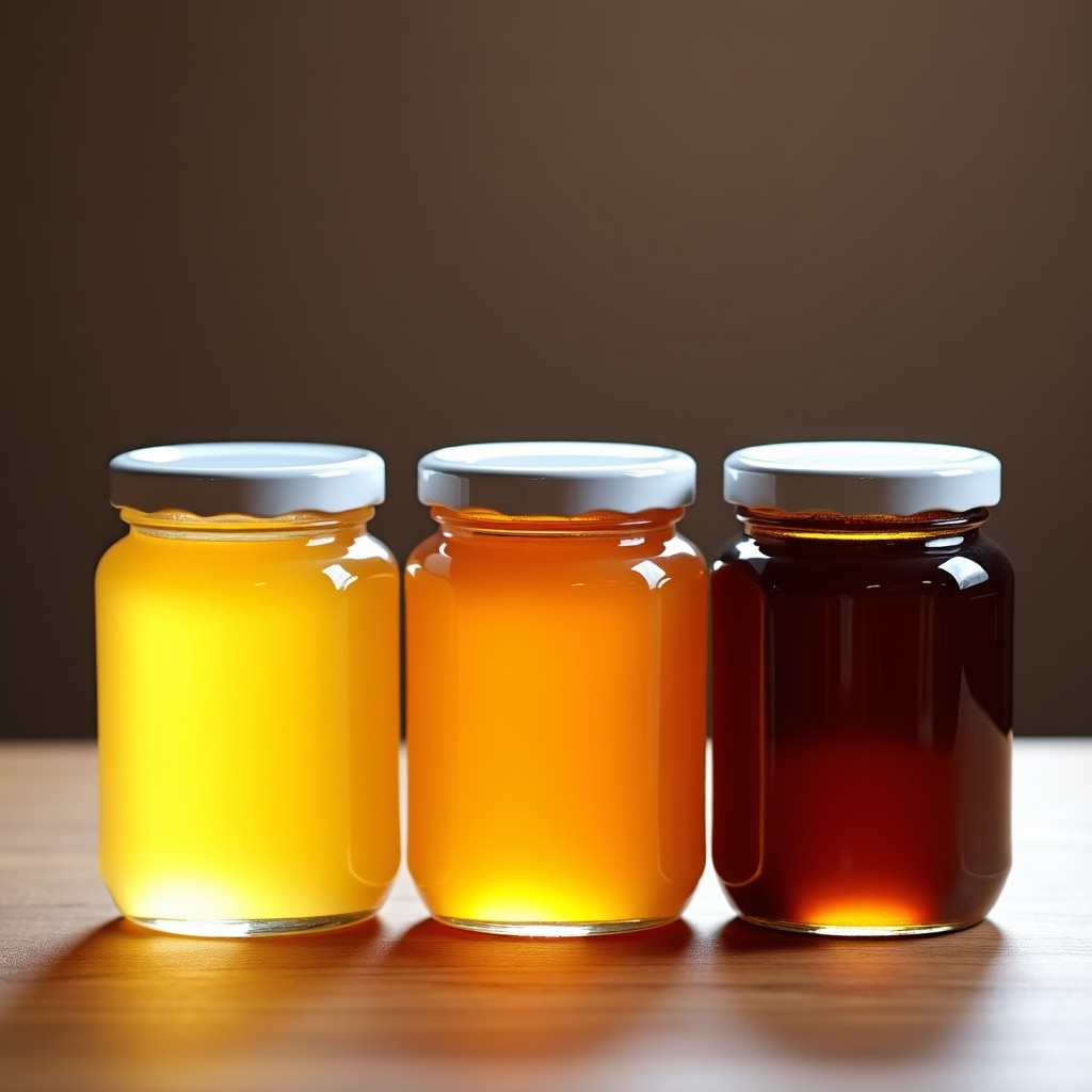 Three glass jars of different types of honey displayed on a wooden table. One is light gold, one is amber, and one is dark brown. High contrast, clean layout. 4:3