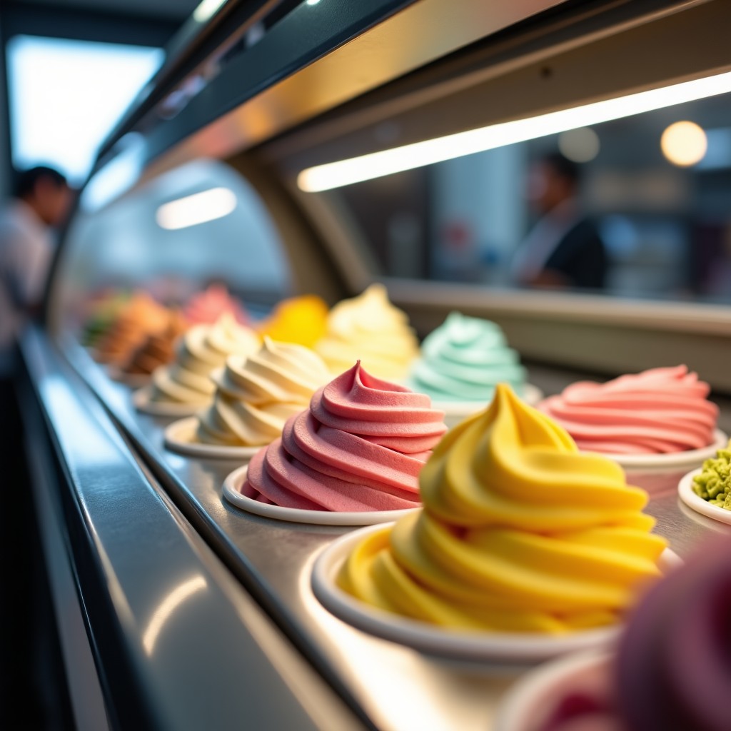 A wide-angle shot of a clean, professional ice cream display case in a dessert shop. Multiple colorful ice cream tubs are visible through the glass. Bright indoor lighting reflects off the polished surfaces. 1:1