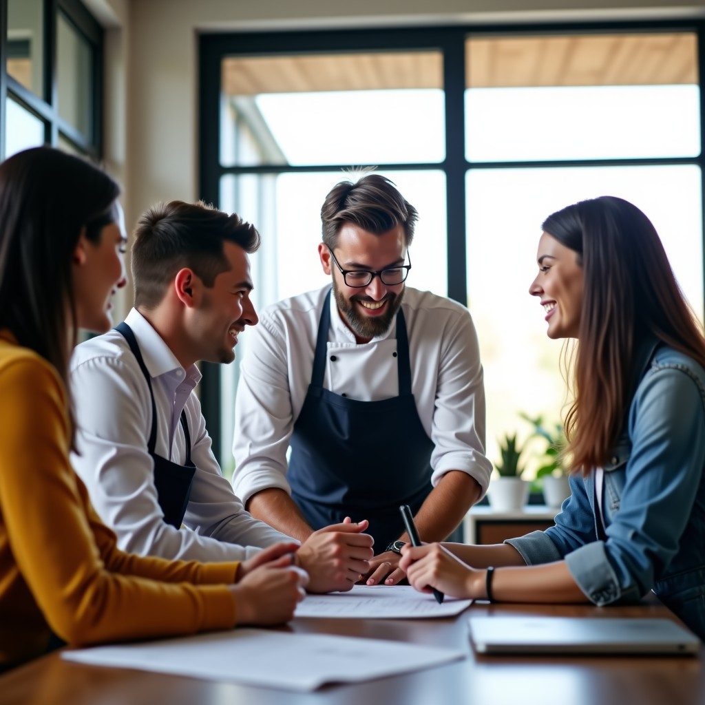 Lifestyle photography of a diverse group of professional men and women in various roles such as engineer, chef, and teacher working together. Natural daylight, warm and encouraging atmosphere. Realistic office and laboratory setting. 4:3