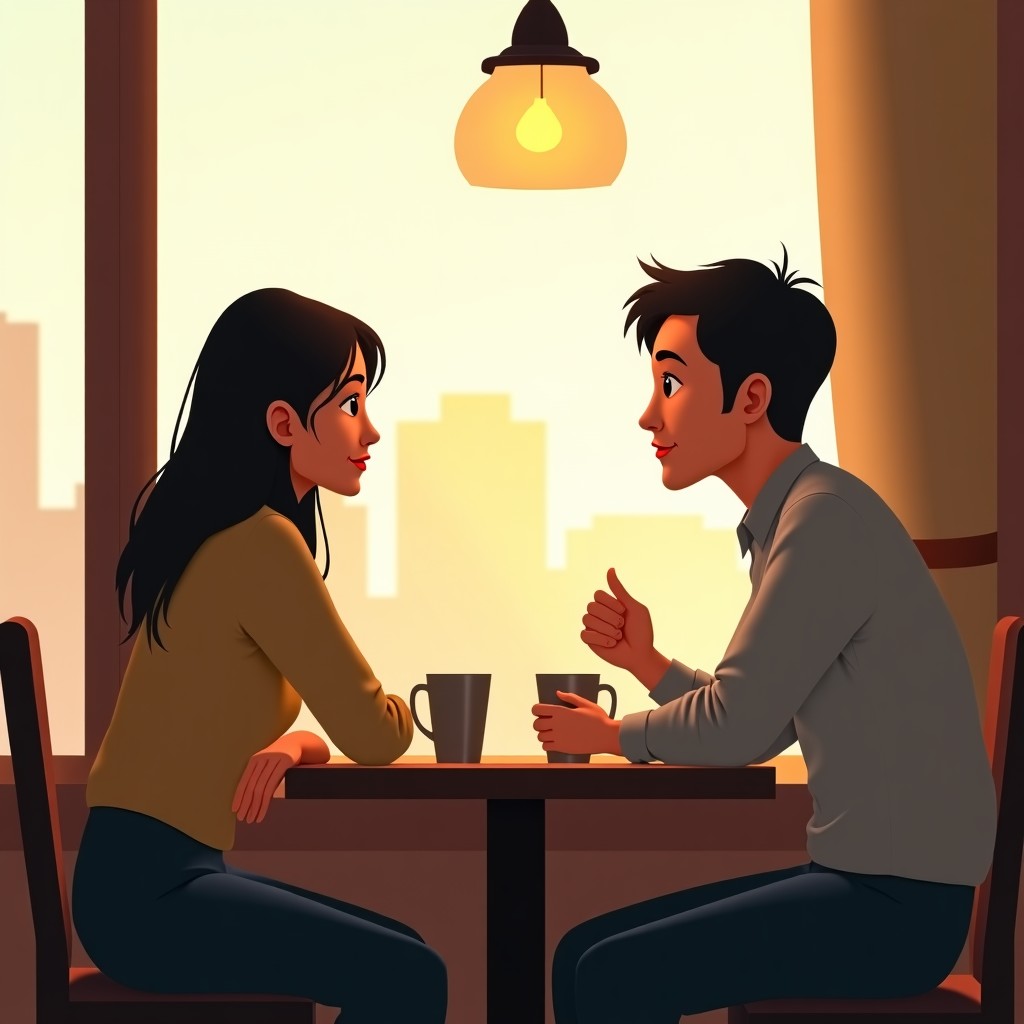 A Korean couple having a warm conversation in a cozy cafe, soft sunlight coming through the window, the man is listening intently with a kind expression, lifestyle photography, 4:3