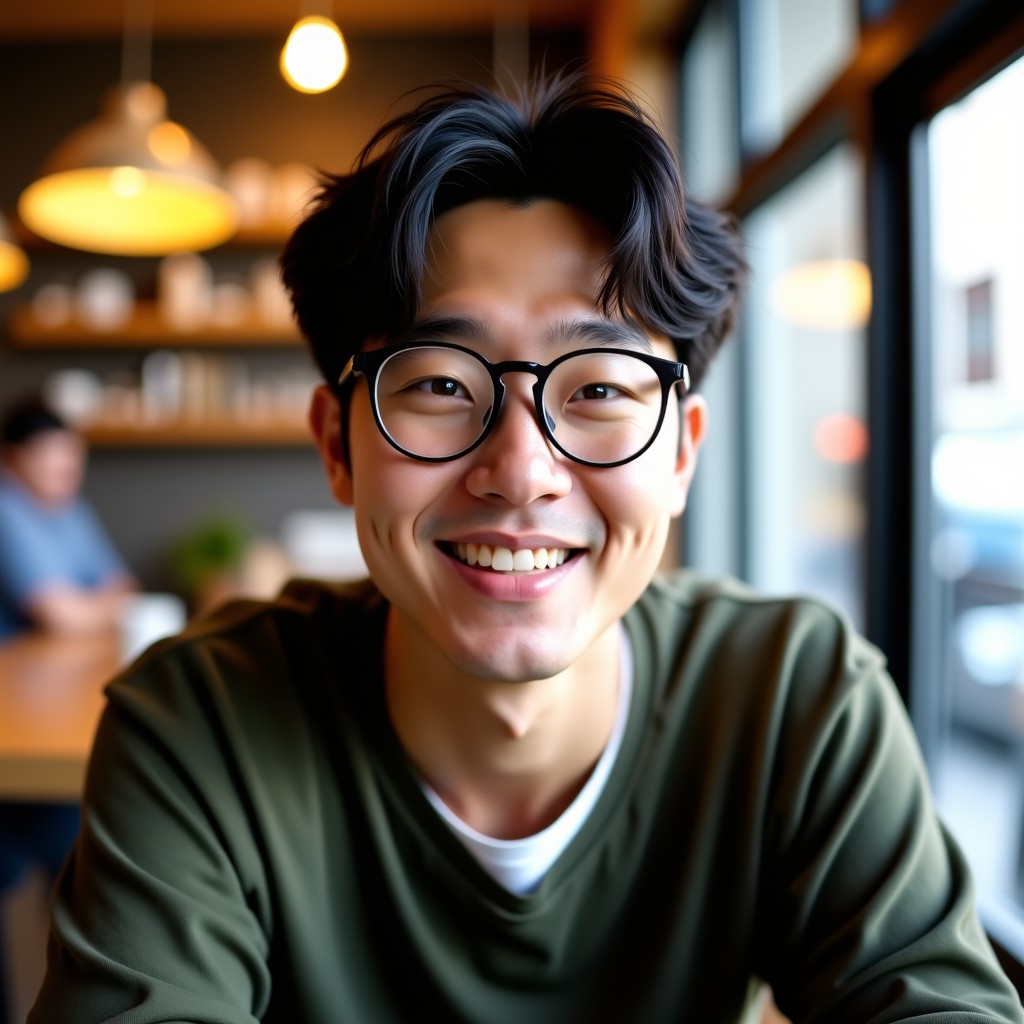 A warm and friendly young Korean man wearing stylish glasses sitting in a cafe. He has a gentle smile and a caring look. Natural soft lighting. lifestyle photography. 1:1