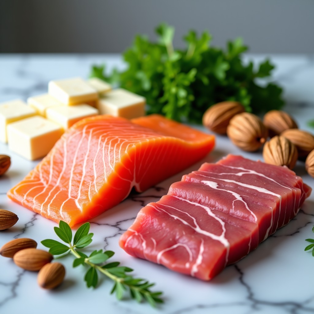 A variety of high-protein foods arranged on a marble kitchen counter, including fresh raw salmon, lean beef cuts, tofu, and assorted nuts like almonds and walnuts. Professional studio lighting, clean composition, vibrant colors. 1:1
