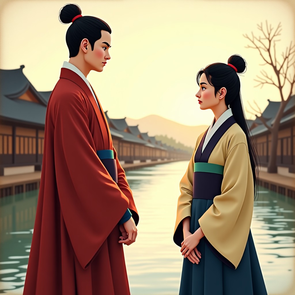 A historical scene in Joseon Dynasty style featuring a young king in royal robes and a loyal village leader in traditional Hanbok standing by a riverside in Yeongwol. artistic rendering, textured background, warm lighting. 4:3
