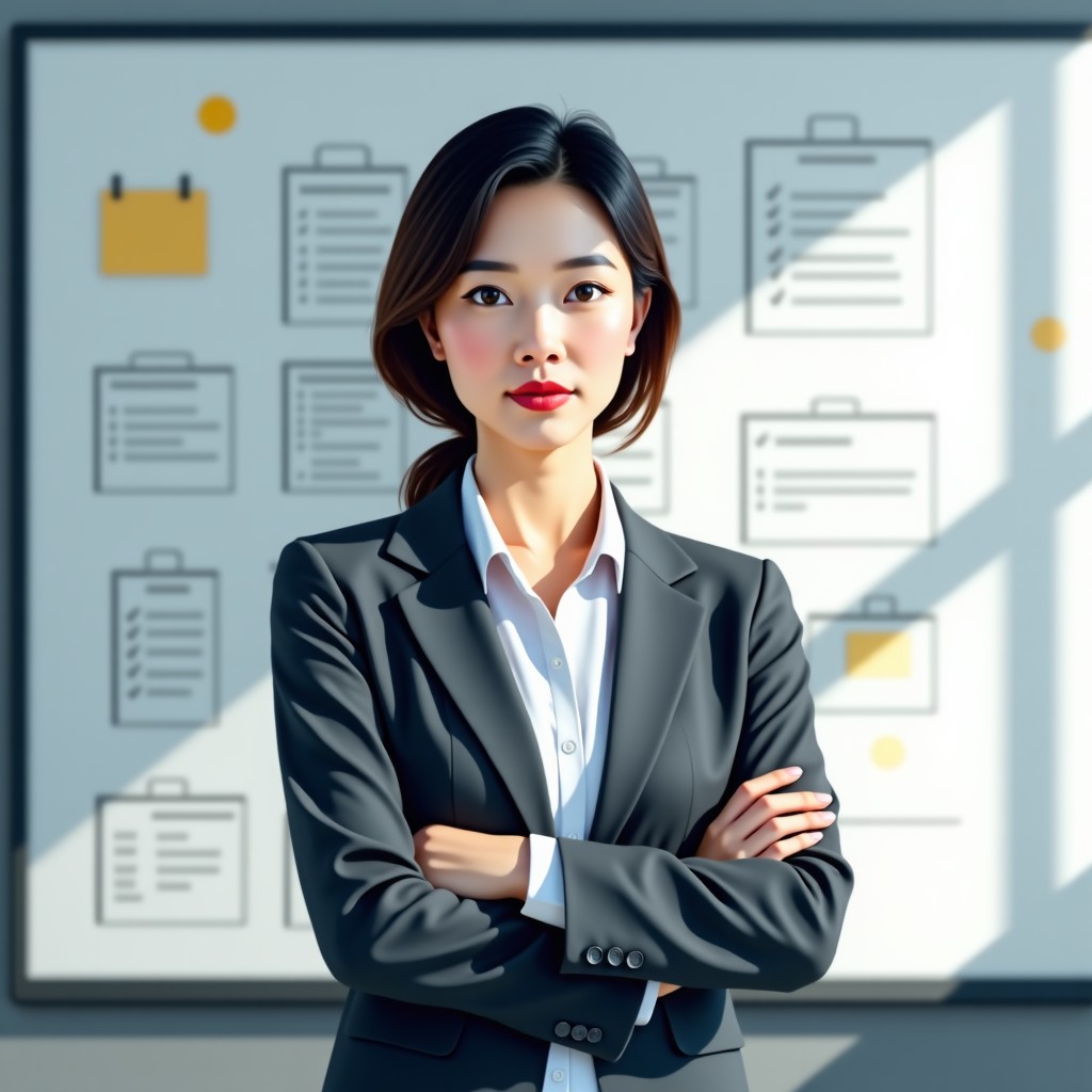 A professional Korean woman standing in front of a white board with various notes and plans, looking determined and confident. Bright office lighting. 4:3