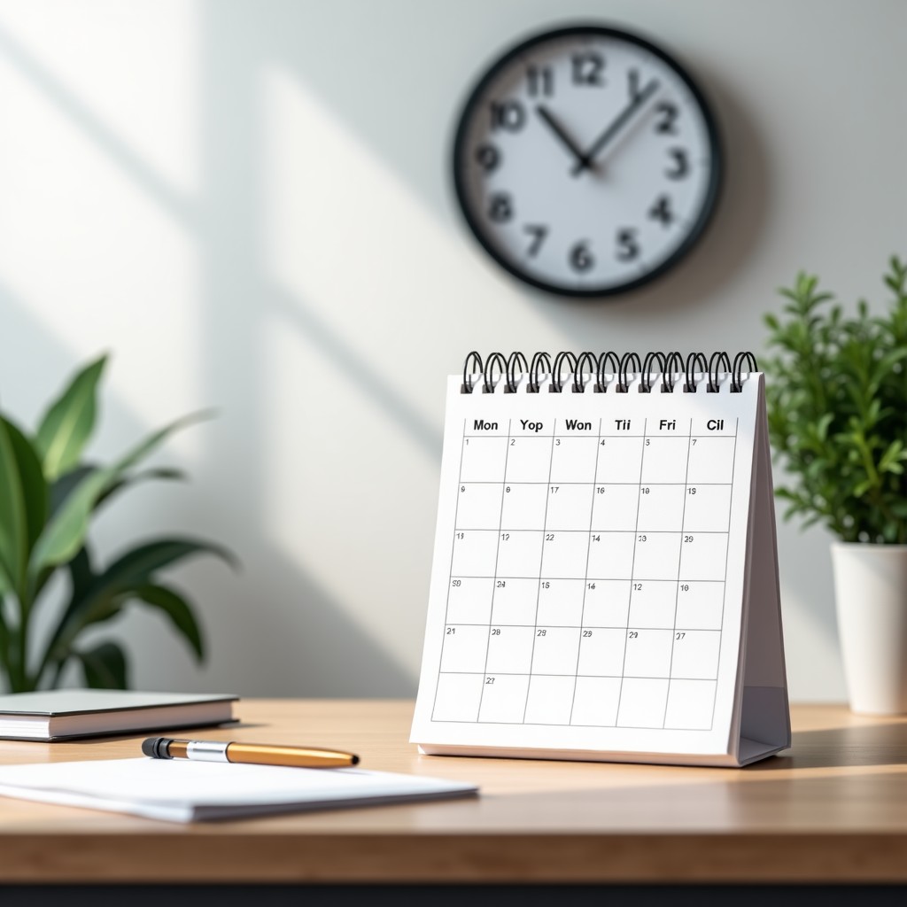 A clean modern office desk with a calendar showing a weekly schedule and a clock. High contrast, informational style, bright lighting, 4:3