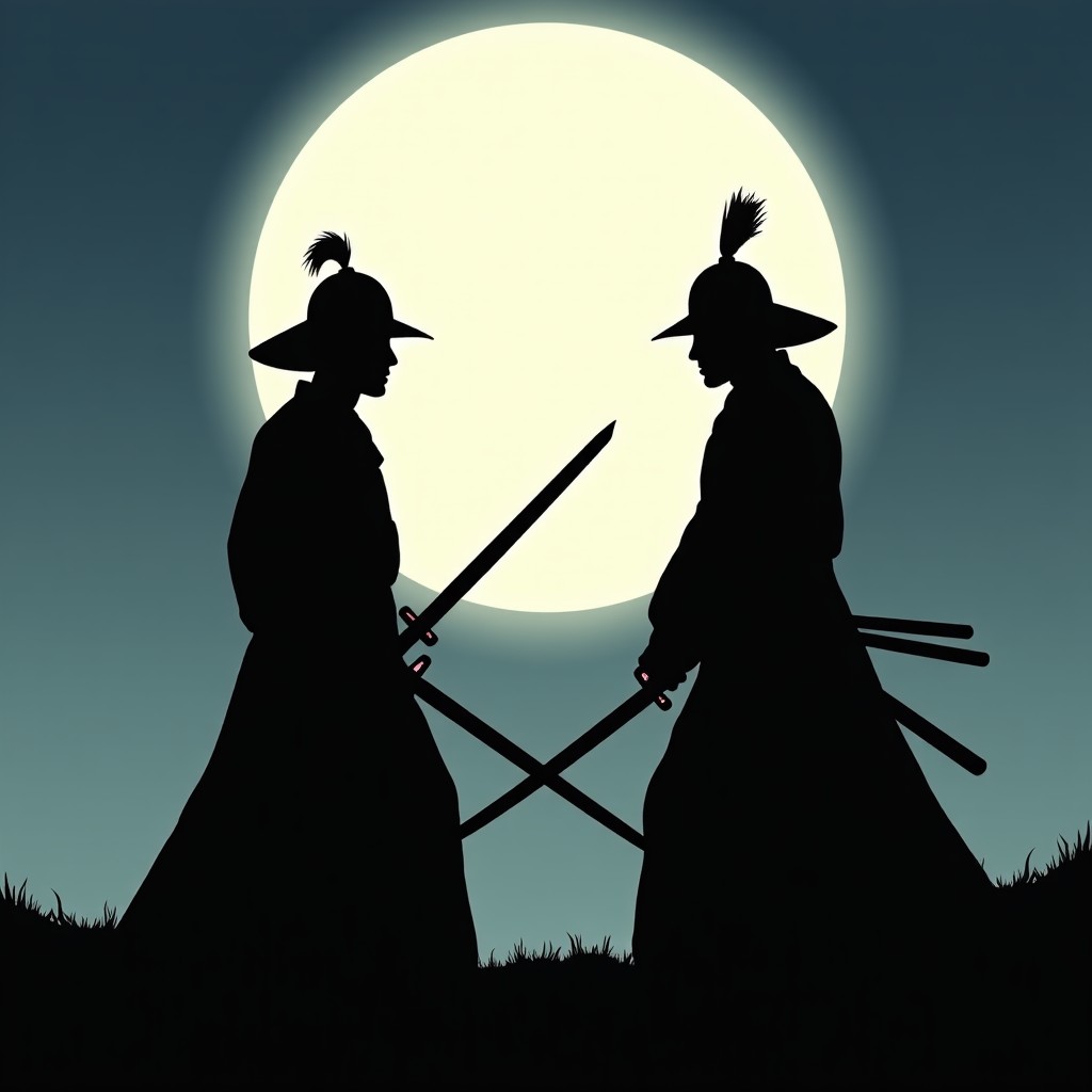 A dramatic silhouette of two Korean warriors facing each other with swords drawn under a large bright moon cinematic composition professional photography no text 1:1