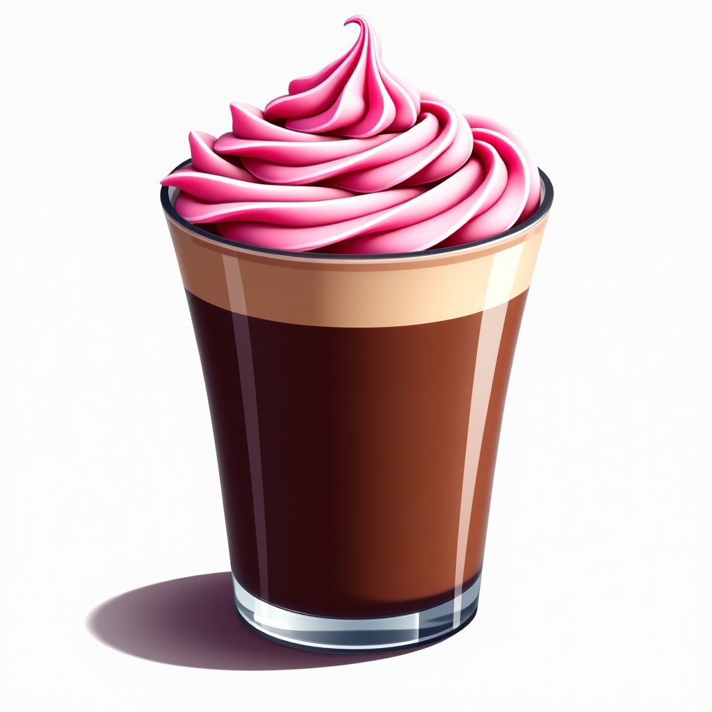 A chocolate latte with pink rose-shaped cream on top, glass cup, vibrant colors, artistic rendering, 4:3
