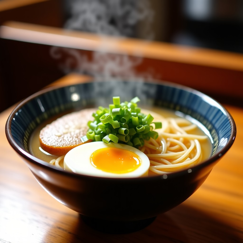 A close up shot of a Japanese Sea Bream Ramen bowl with clear broth, thin noodles, soft boiled egg, and sliced green onions, steam rising, warm indoor lighting, Matsuyama Travel style. 4:3