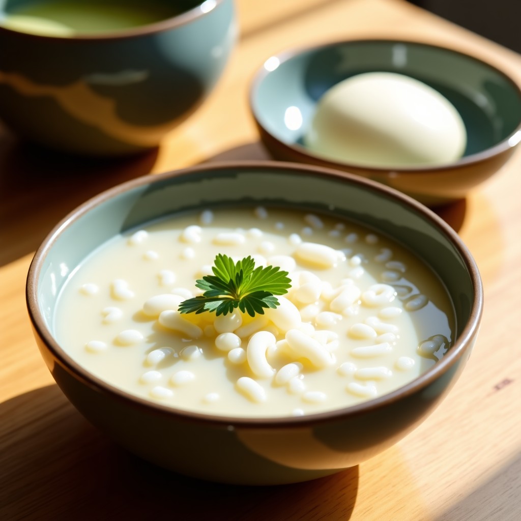 A high-angle shot of a simple recovery meal featuring rice porridge, a small dish of steamed egg whites, and soft tofu. Minimalist ceramic tableware, soft natural daylight. 1:1