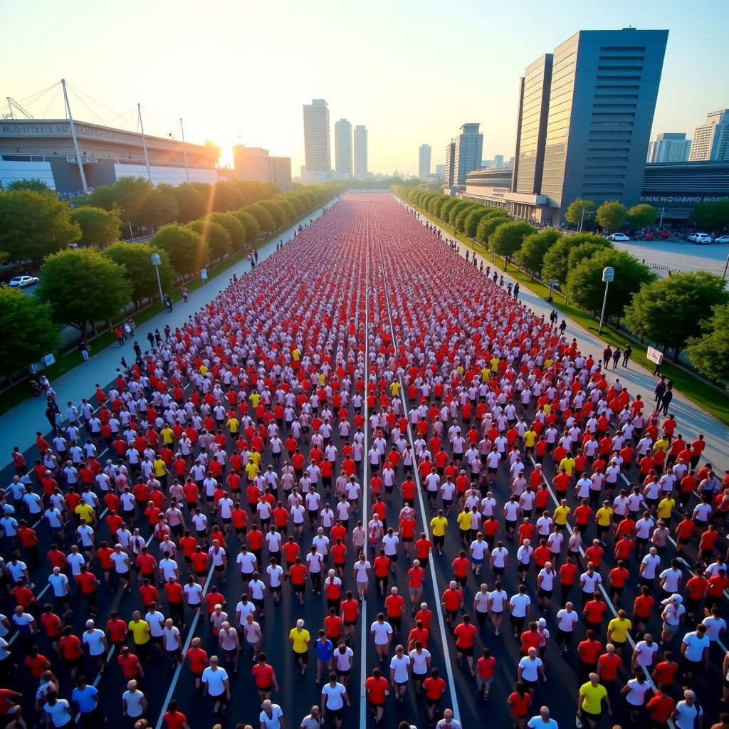 A wide aerial view of a large city marathon gathering point in Daegu, South Korea. Thousands of runners in colorful athletic wear are stretching and preparing under a clear morning sky. Modern urban stadium and park setting in the background. High contrast informational style photography. 4:3