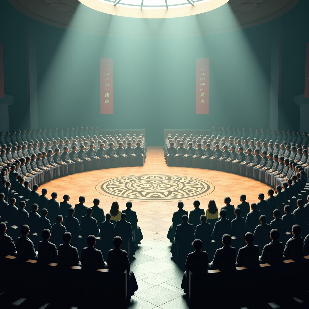 Dozens of people dressed in various traditional and modern professional clothes sitting in a large circular hall with mystical symbols on the floor. Atmospheric fog, epic scale, 1:1