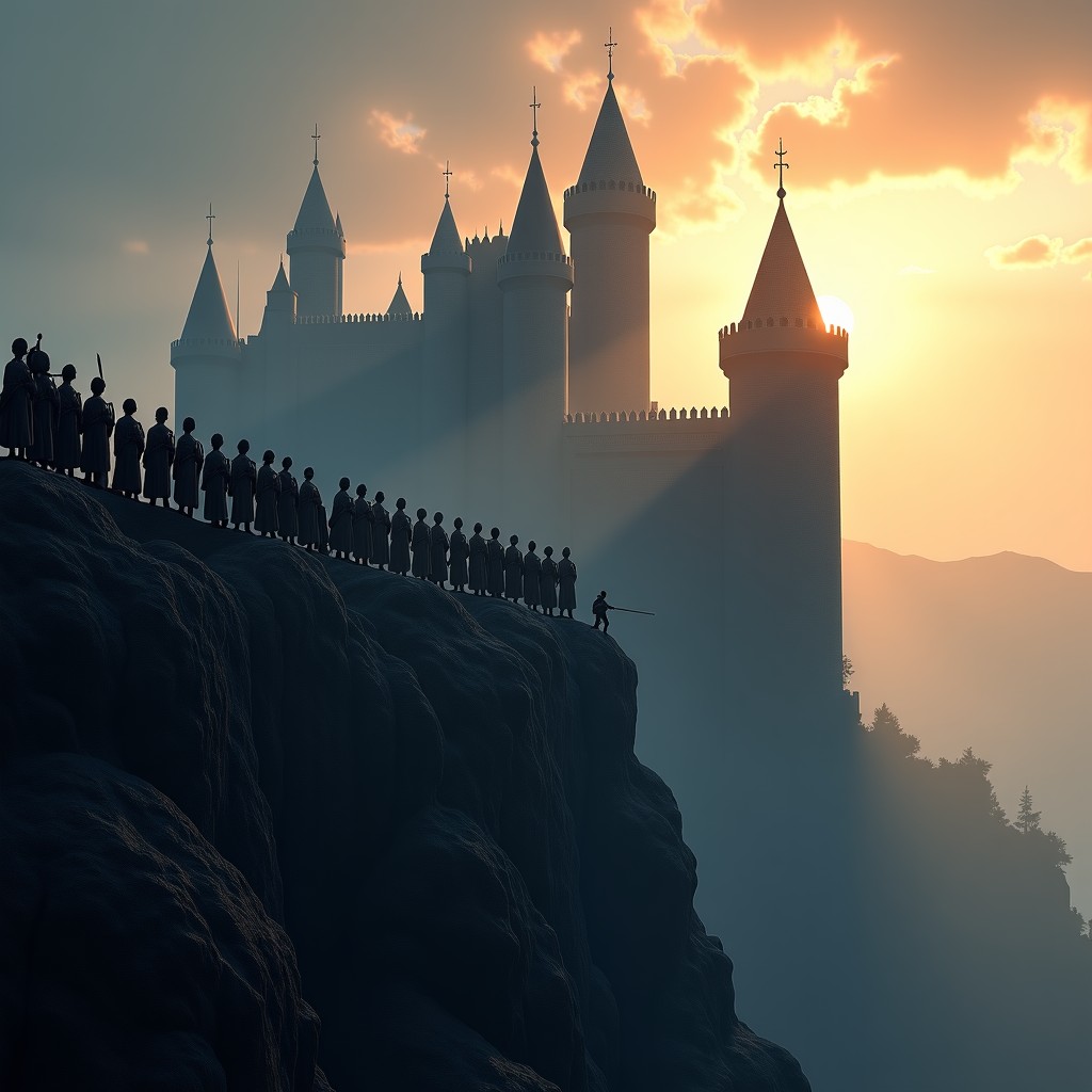 A medieval army standing on castle walls preparing for a battle, dramatic lighting, epic cinematic composition, realistic fantasy style, 1:1