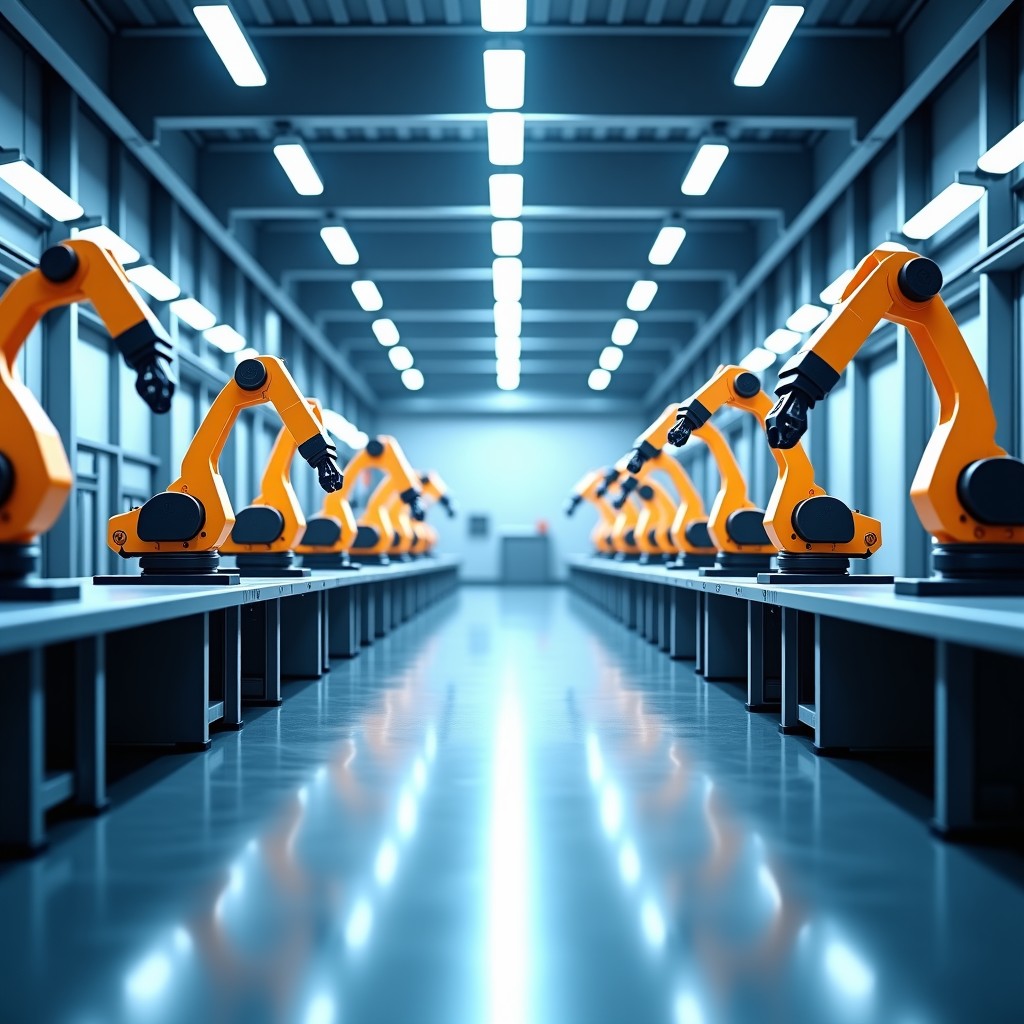 An expansive interior of a high-tech manufacturing facility with automated robotic arms and assembly lines. The lighting is clean and industrial with a sense of scale and precision. No human workers are visible, focusing on the mechanical efficiency. 4:3