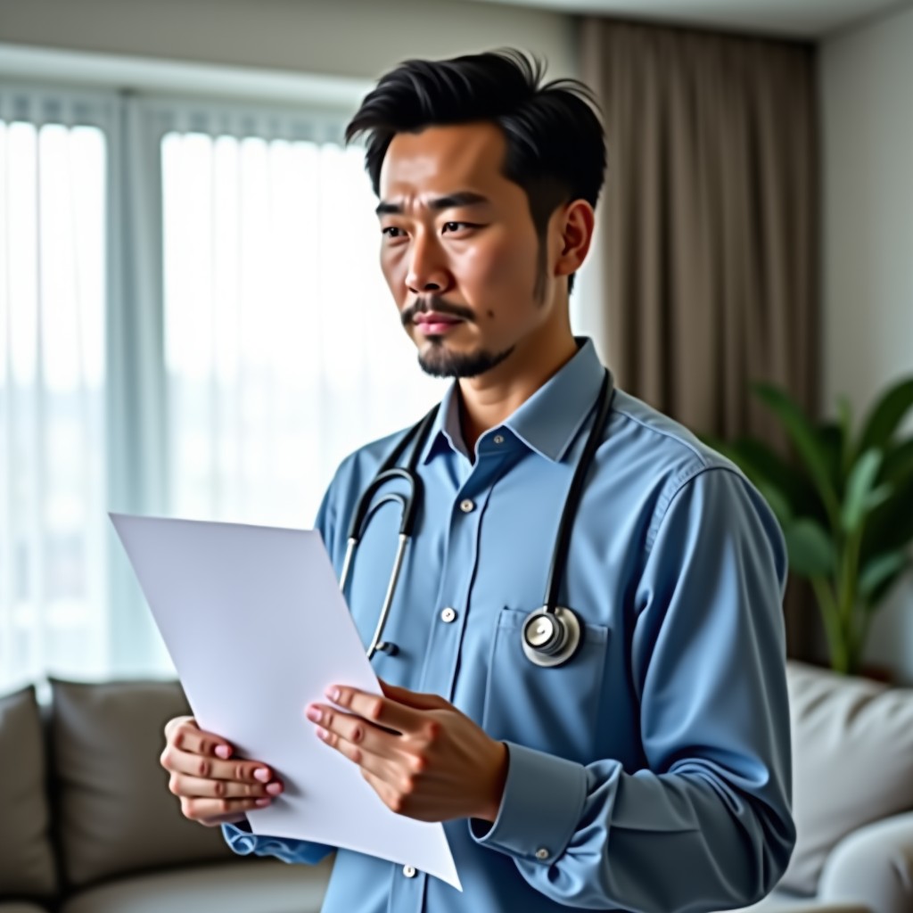 A middle-aged Korean man looking serious and thoughtful while holding a medical checkup document in a bright modern living room, soft natural lighting, realistic photography, 4:3