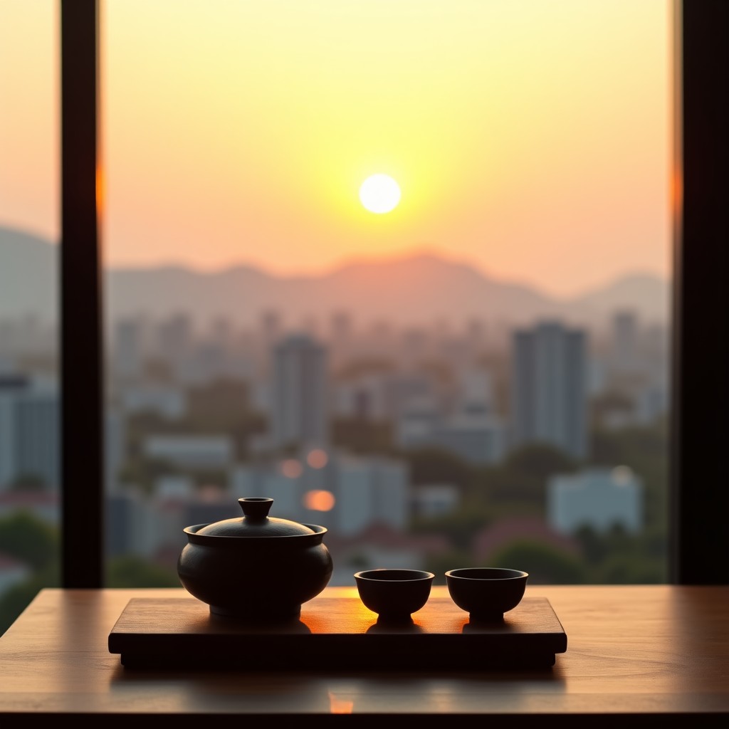 A wide view of Daejeon city during sunset with soft orange sky, transitioning into a close-up of a traditional Korean ceramic tea set on a wooden table, artistic and calm composition, high quality photography, 4:3