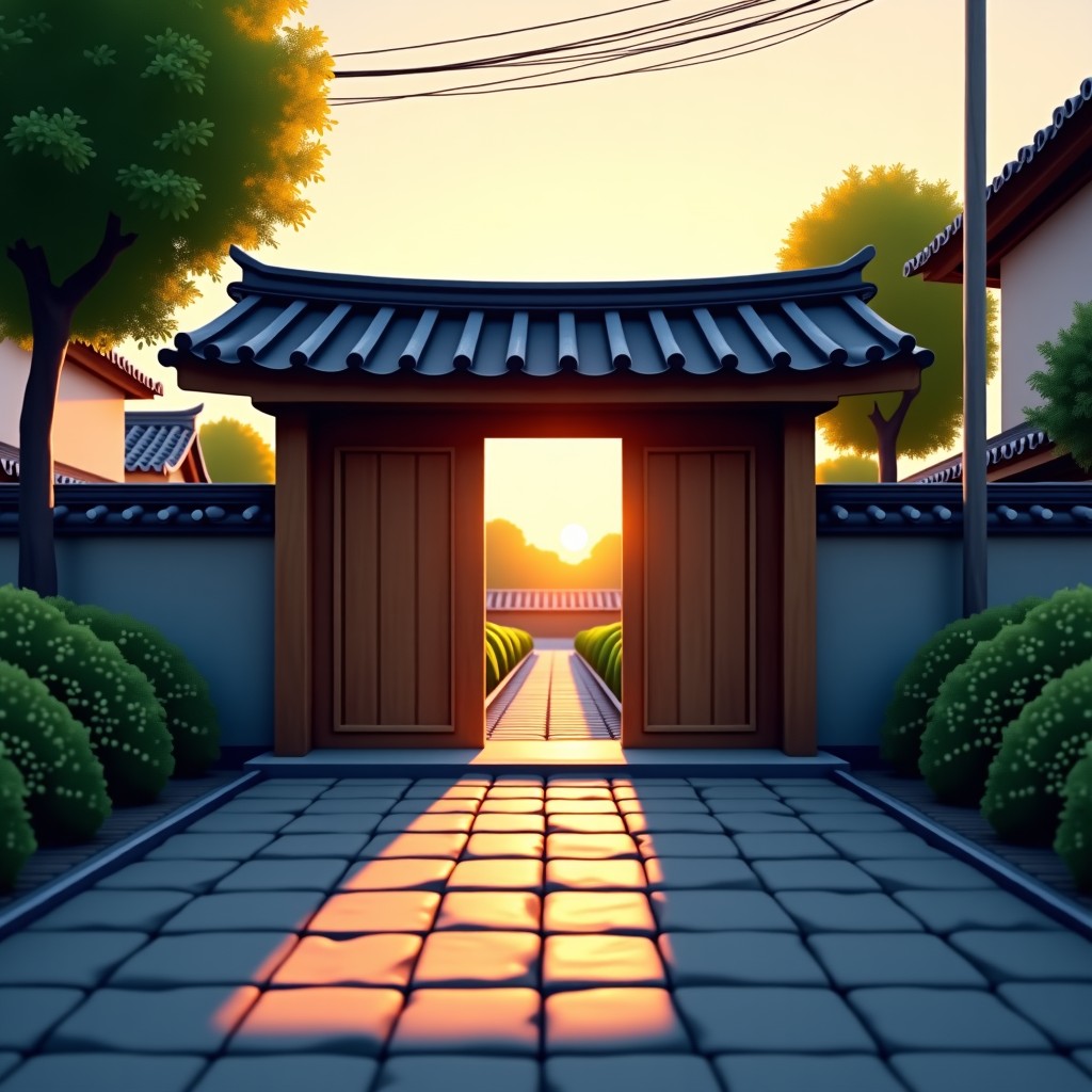 A traditional Korean house entrance with a wooden gate and a small stone path in a quiet neighborhood. Warm sunset light filtering through. Cinematic and realistic style. No text. 4:3