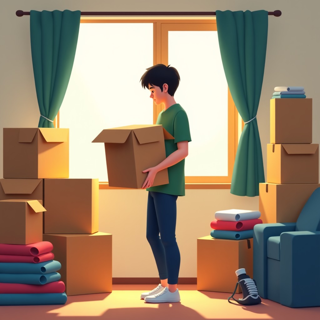A Korean college student packing cardboard boxes in a room for moving into a dormitory. Natural sunlight coming through the window, cozy atmosphere, stacks of folded clothes and some daily essentials nearby. 4:3