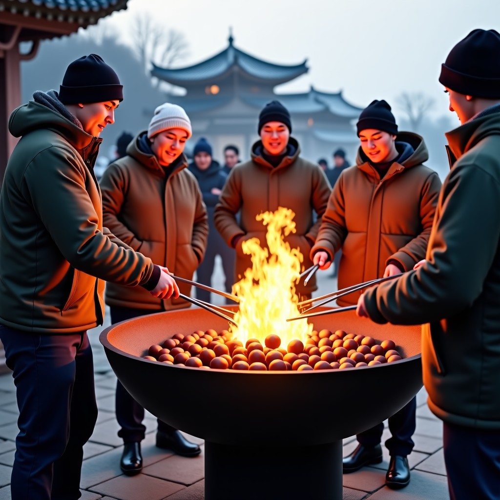 People gathered around a large 2-meter wide iron brazier outdoor, roasting chestnuts with long metal tongs. Warm fire glow, winter clothing, natural expressions of joy, historical Korean architecture in the distant background. 4:3