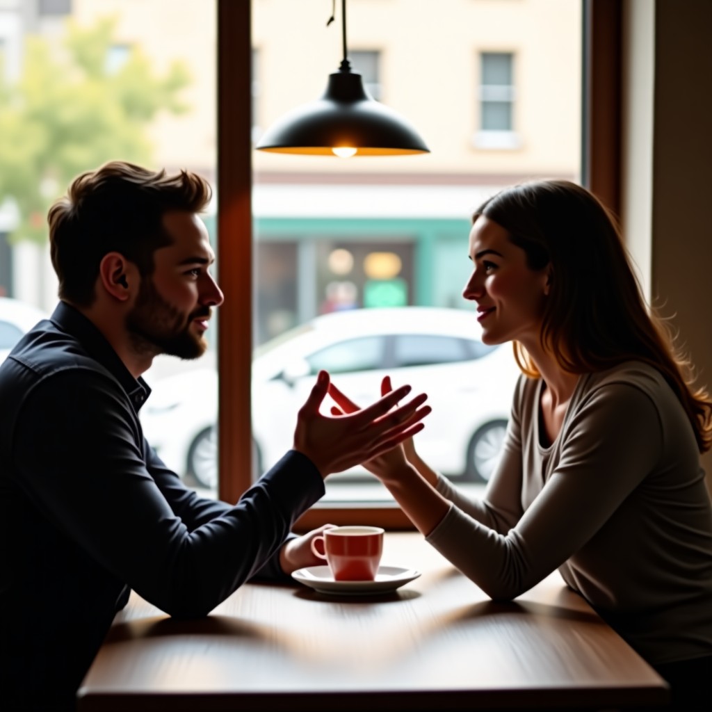 Two people sitting at a cafe table having a deep and respectful conversation, natural sunlight through the window, focusing on their hands gesturing during talk, blurred background, warm lifestyle photography, 4:3