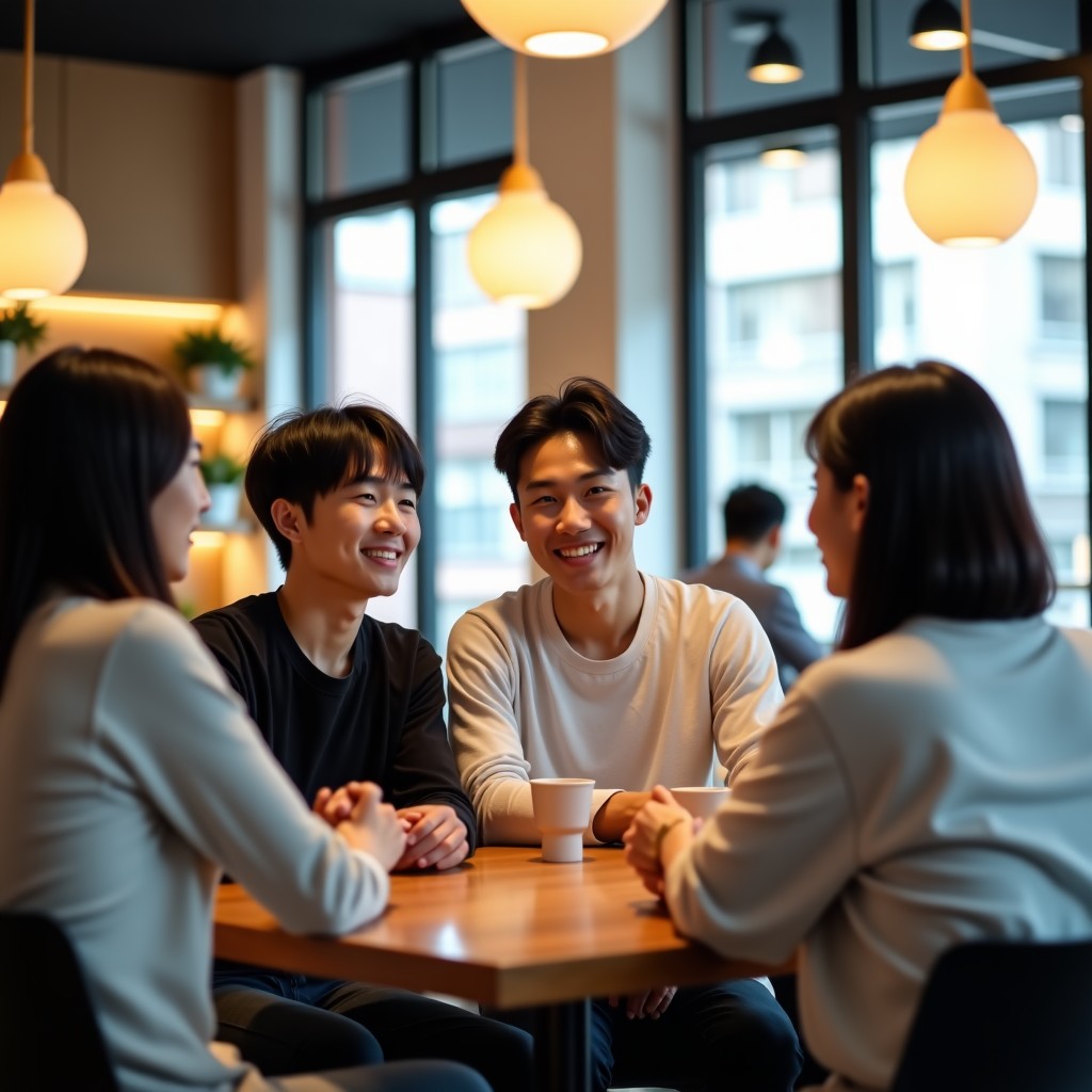 A group of young Korean men and women sitting in a modern cafe, engaged in a positive and respectful discussion. Soft natural indoor lighting, cozy atmosphere. High quality lifestyle photography. 4:3