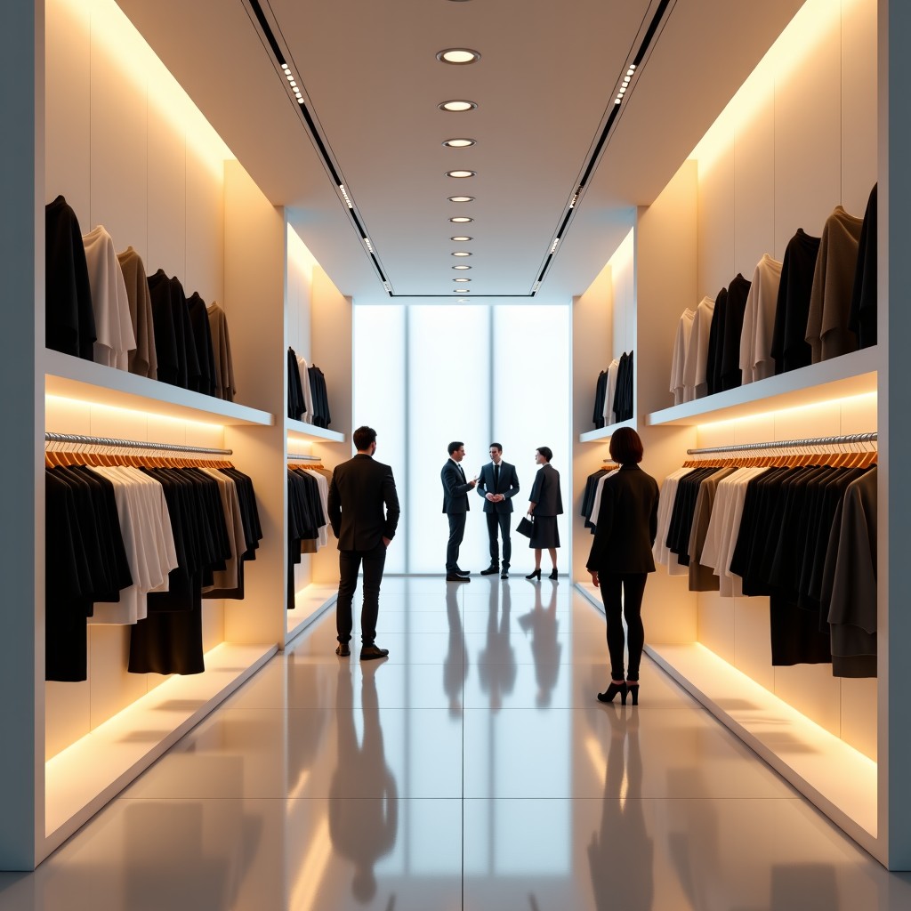 A modern and stylish fashion pop-up store inside a luxury department store with bright lighting and trendy clothing displays. People are browsing clothes. High-end interior design with a clean and sophisticated atmosphere. 4:3