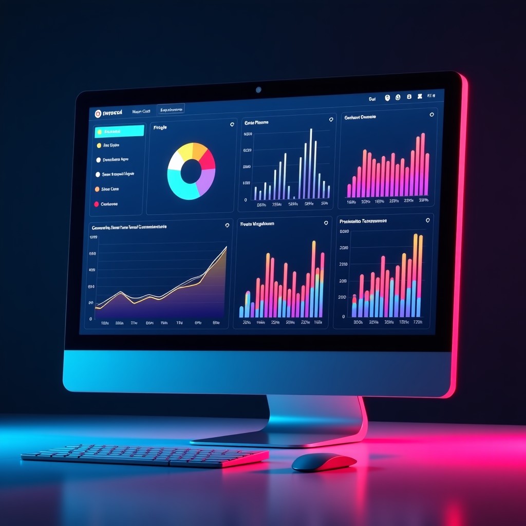 A computer monitor displaying colorful data charts and graphs, a digital interface with futuristic aesthetics, clean layout, vibrant colors on a dark background. 4:3