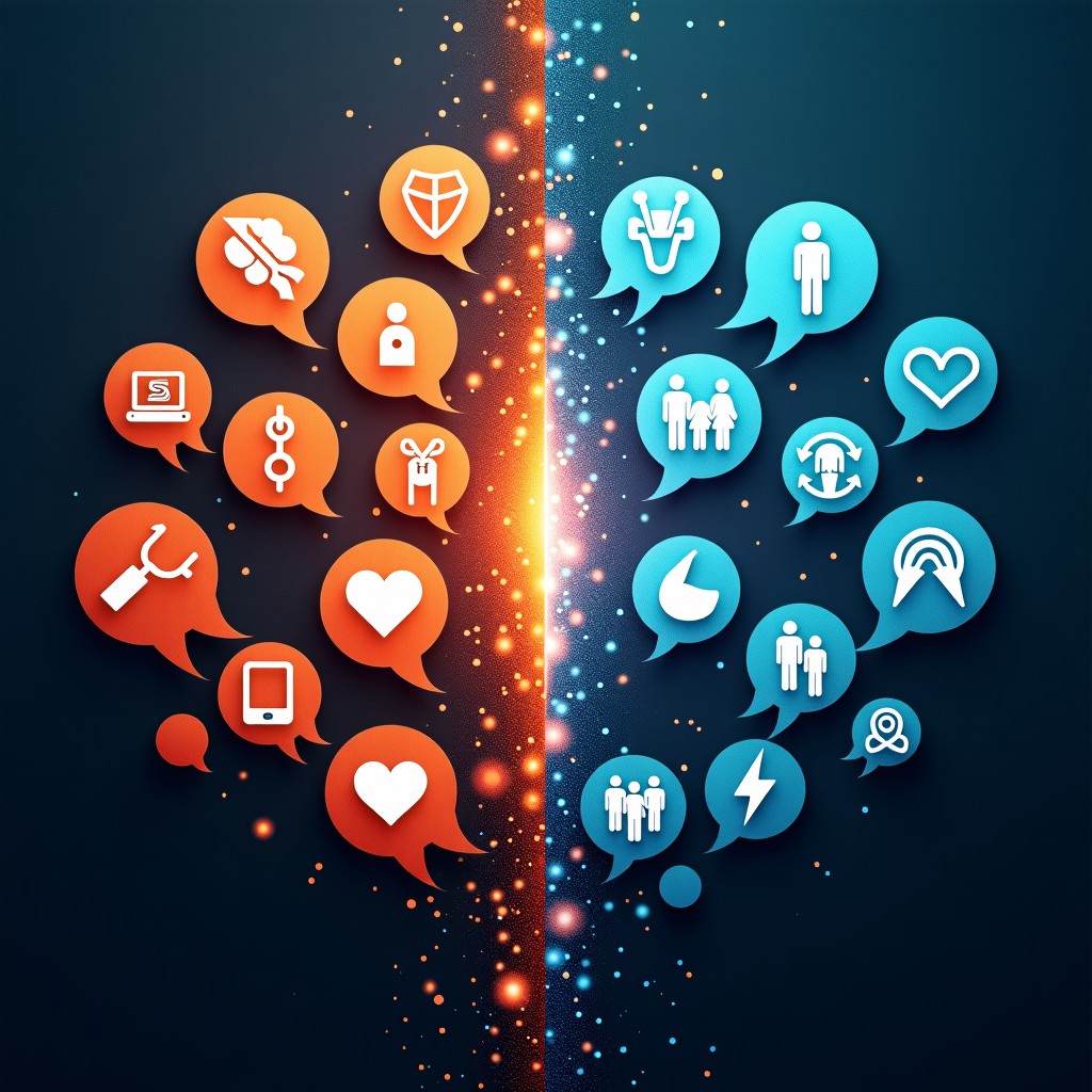 An artistic rendering showing a stream of binary code and digital particles on one side, transitioning into warm speech bubbles with various icons representing hobbies, health, and life events on the other side. Textured background, soft glows, conceptual representation of AI vs human content. 16:9 aspect ratio. NO TEXT.