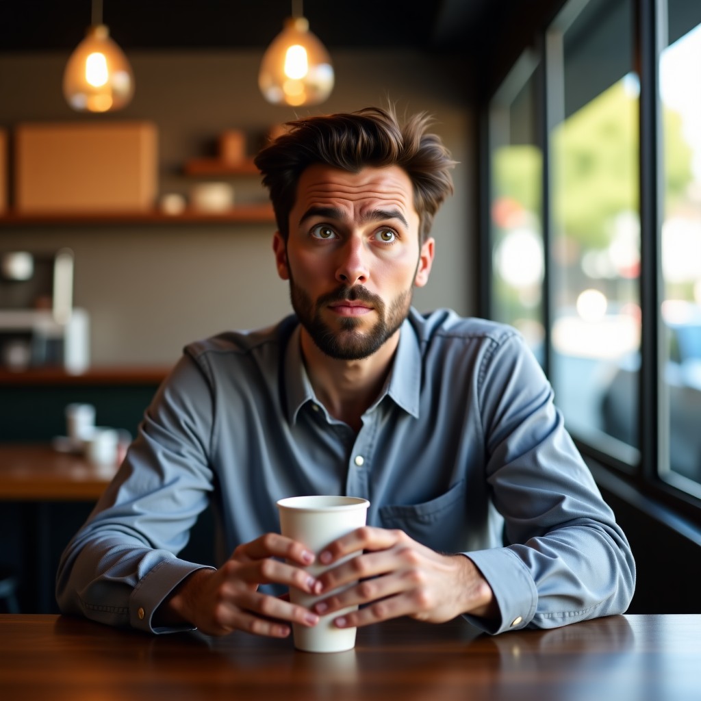 A person looking surprised and confused in a modern cafe, holding a coffee cup, with a subtle surreal blur effect around the edges to represent a sense of deja vu, high quality photography, natural lighting, 4:3