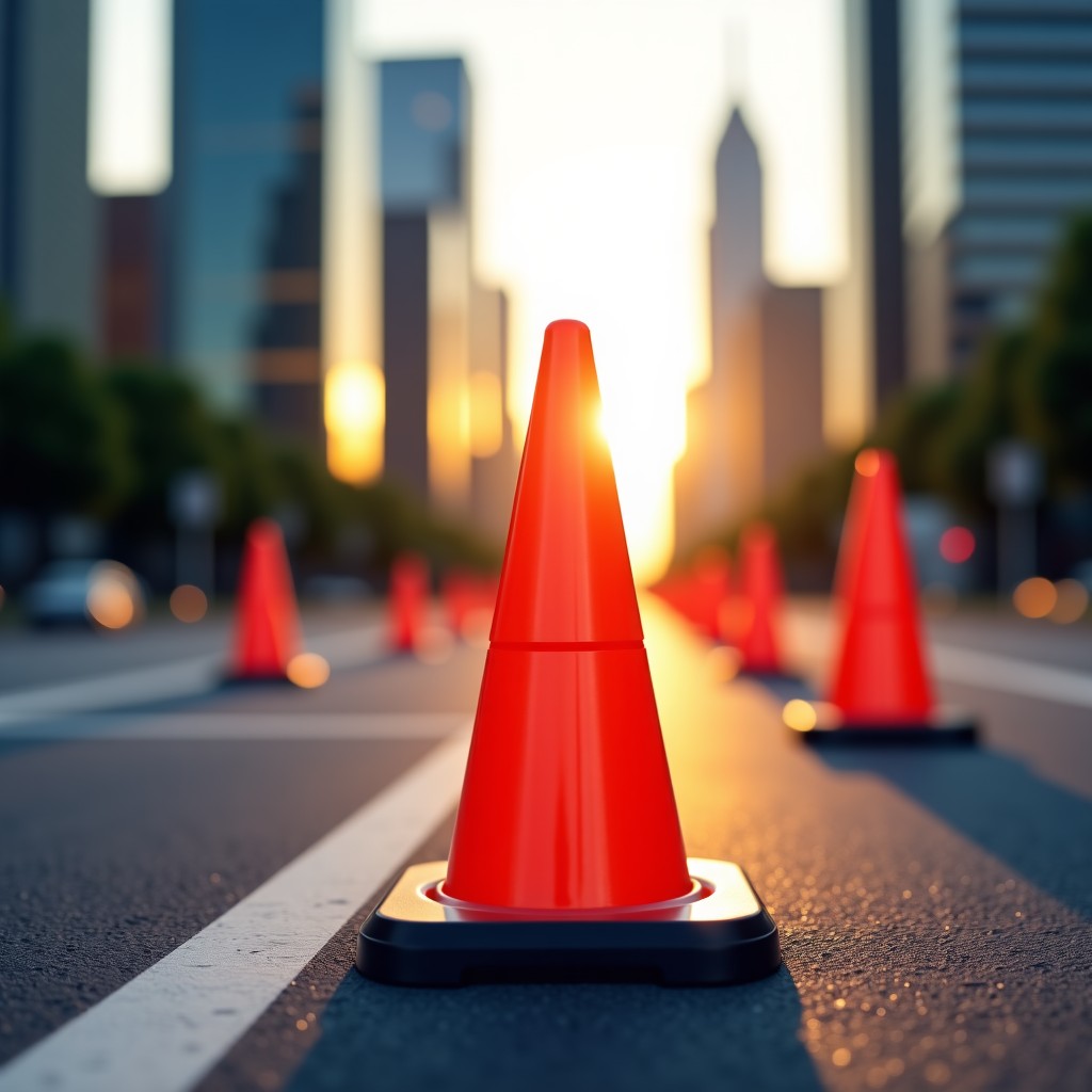 Close-up of orange traffic cones and a road closure sign on a modern asphalt road, city skyline blurred in the background, bright morning light, professional photography style, 4:3