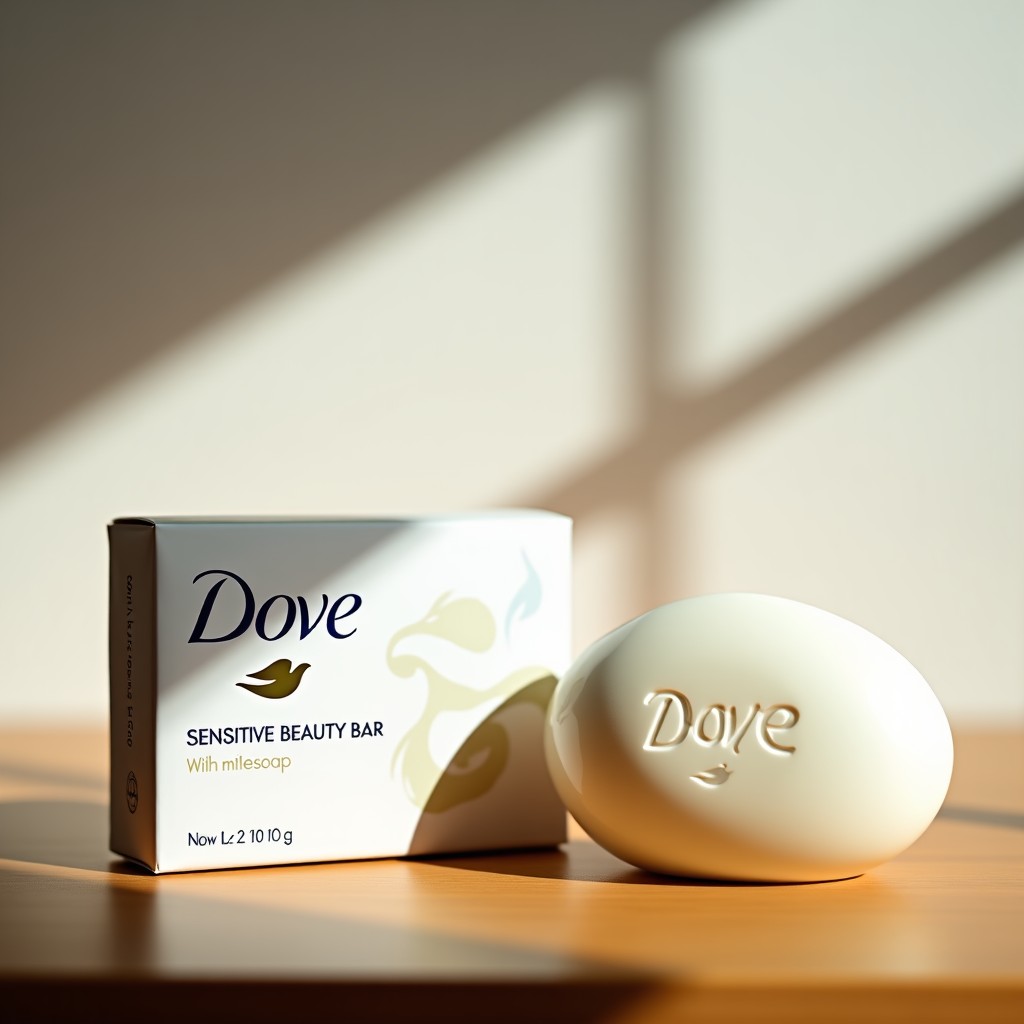 A clean and simple close-up shot of a Dove Sensitive Beauty Bar box and the white soap bar itself on a wooden surface with soft natural sunlight. No text on the soap or box except for a subtle logo. 1:1