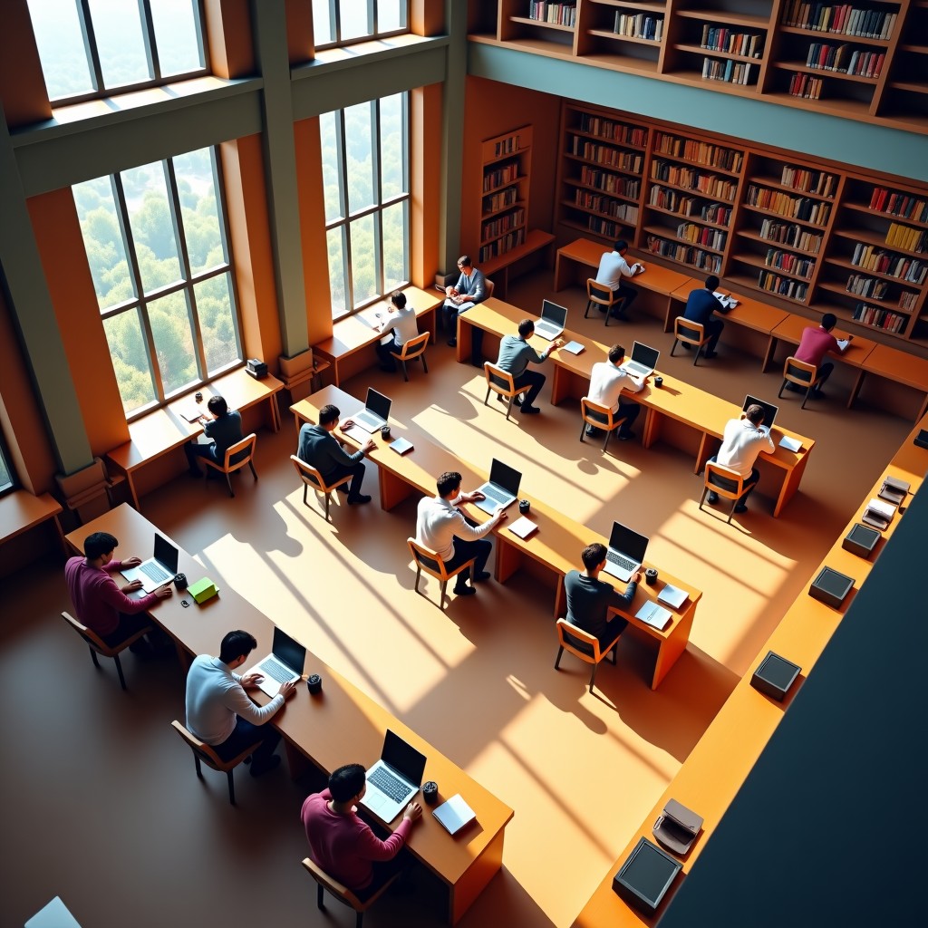 High-angle shot of a modern, spacious university library with students studying with laptops and books. Warm and academic lighting, realistic lifestyle photography, 4:3