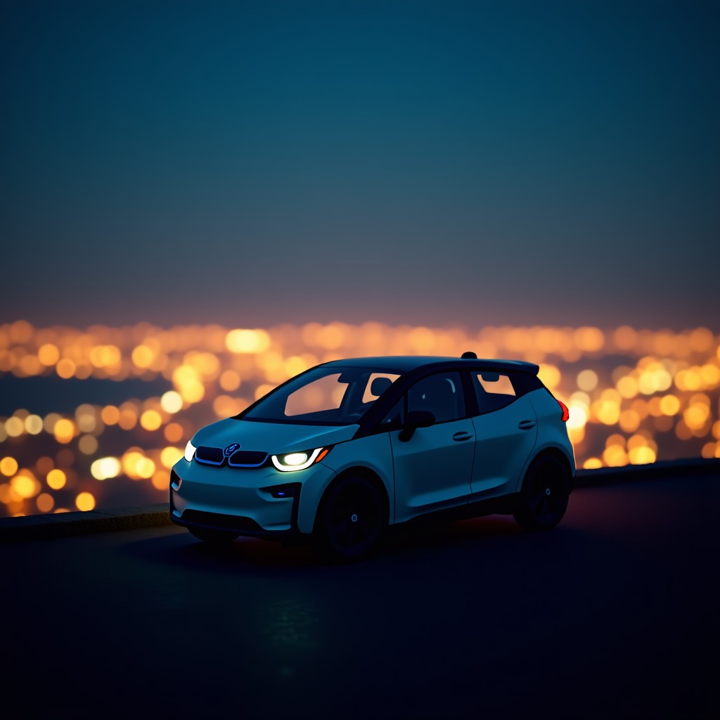 The silhouette of a modern compact electric car parked at a viewpoint overlooking a glowing city at night. The city lights are blurry in the background, creating a warm bokeh effect. Cinematic lighting, professional car photography style. 4:3
