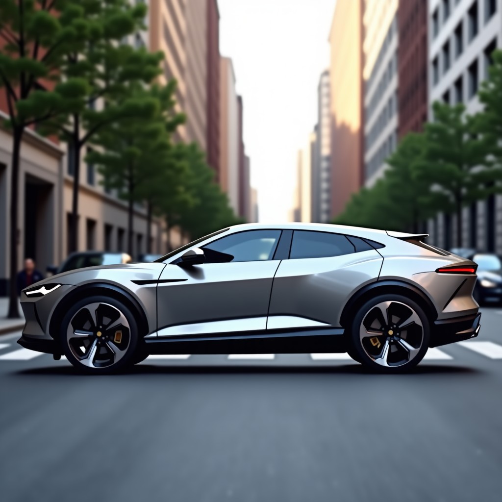 Side profile of a luxury coupe style SUV in metallic grey color with elegant curves in an urban setting 4:3