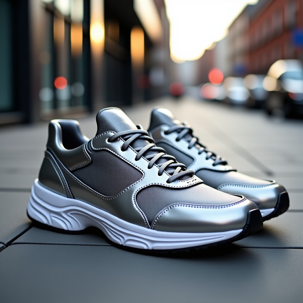 A pair of metallic silver tech runner sneakers with intricate layered overlays and distressed details, placed on a modern urban sidewalk with soft sunlight, high fashion aesthetic, realistic lifestyle photography, 4:3