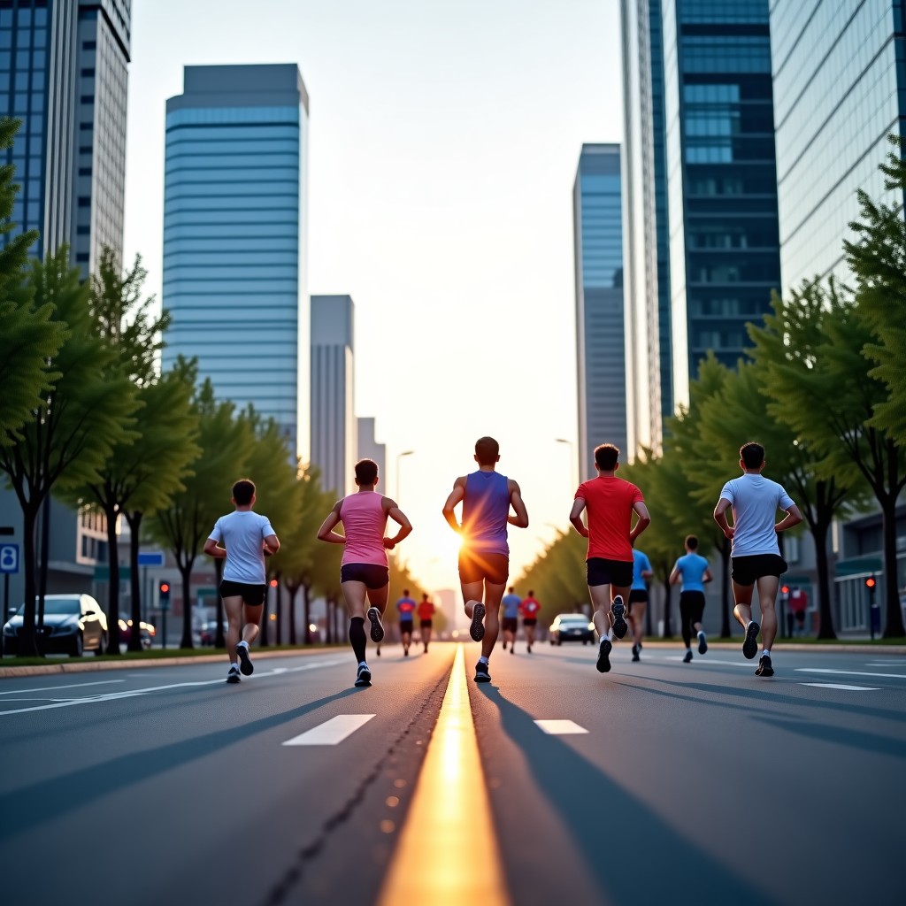 A wide-angle landscape shot of professional marathon runners running on a clean, wide city boulevard in Daegu South Korea, modern buildings in the background, bright daylight, energetic atmosphere, 4:3